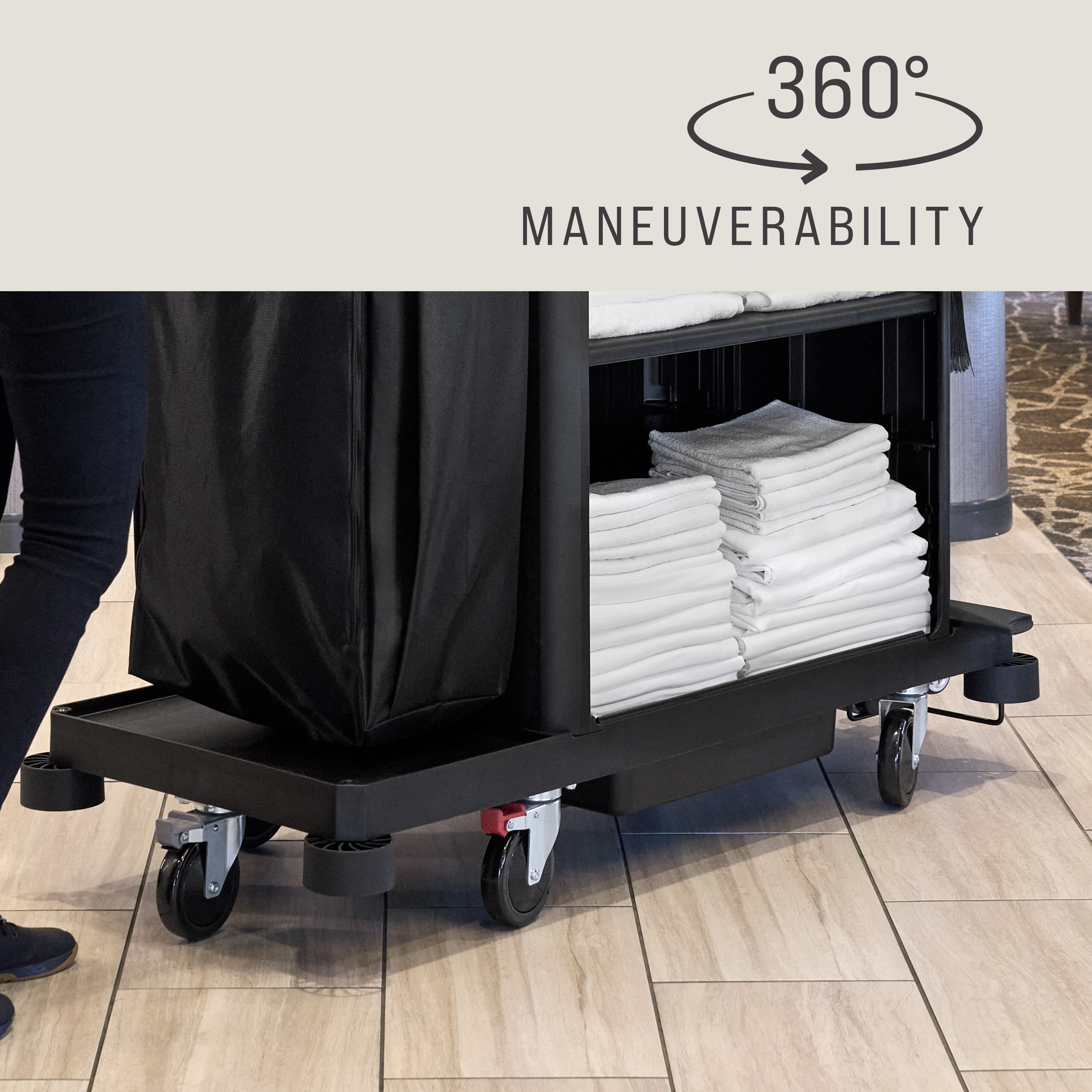 The Compact Housekeeping Cart is the complete system solution for efficient housekeeping, offering 360° maneuverability and customizable organization with an adjustable shelf.