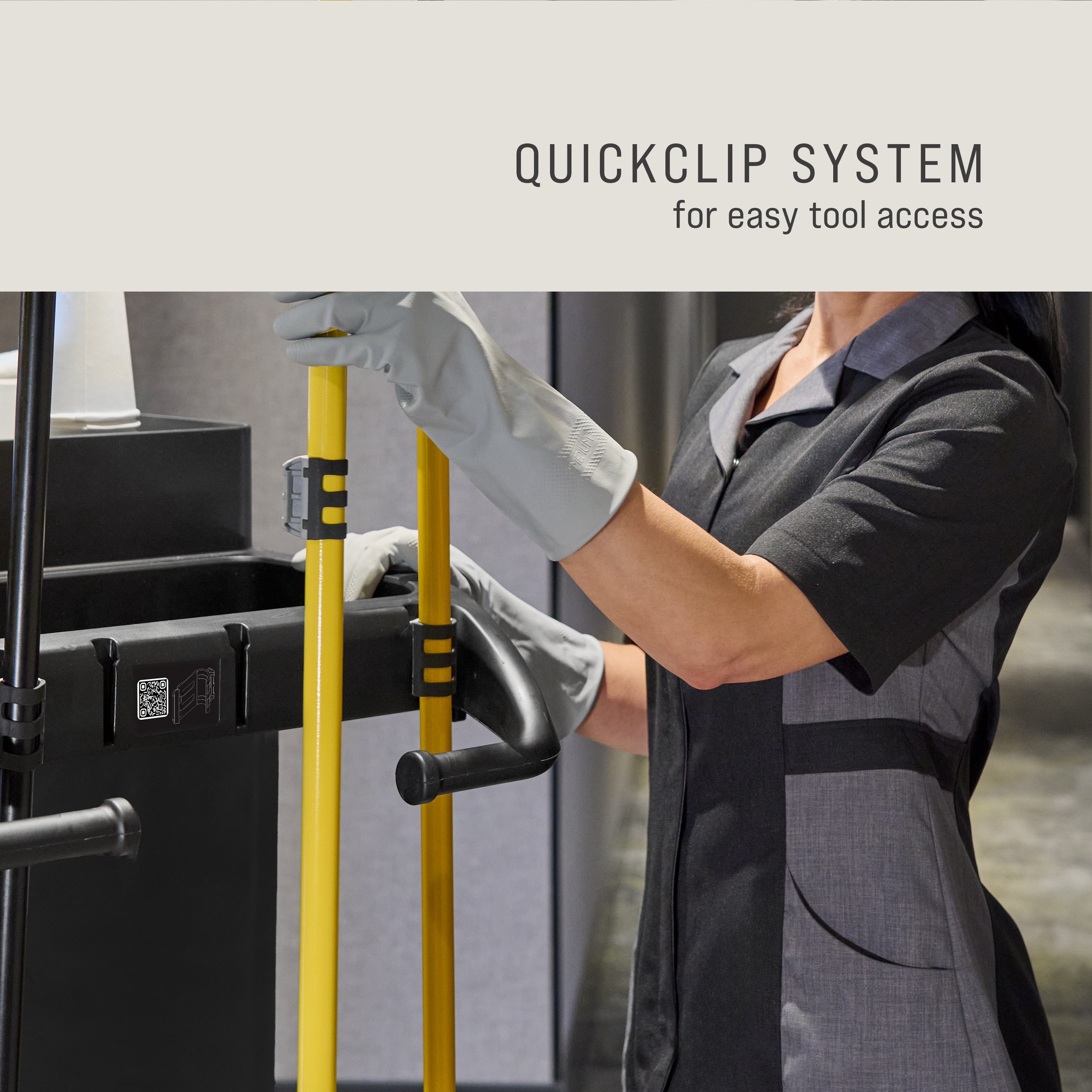 The Compact Housekeeping Cart is the complete system solution for efficient housekeeping, offering 360° maneuverability and customizable organization with an adjustable shelf.