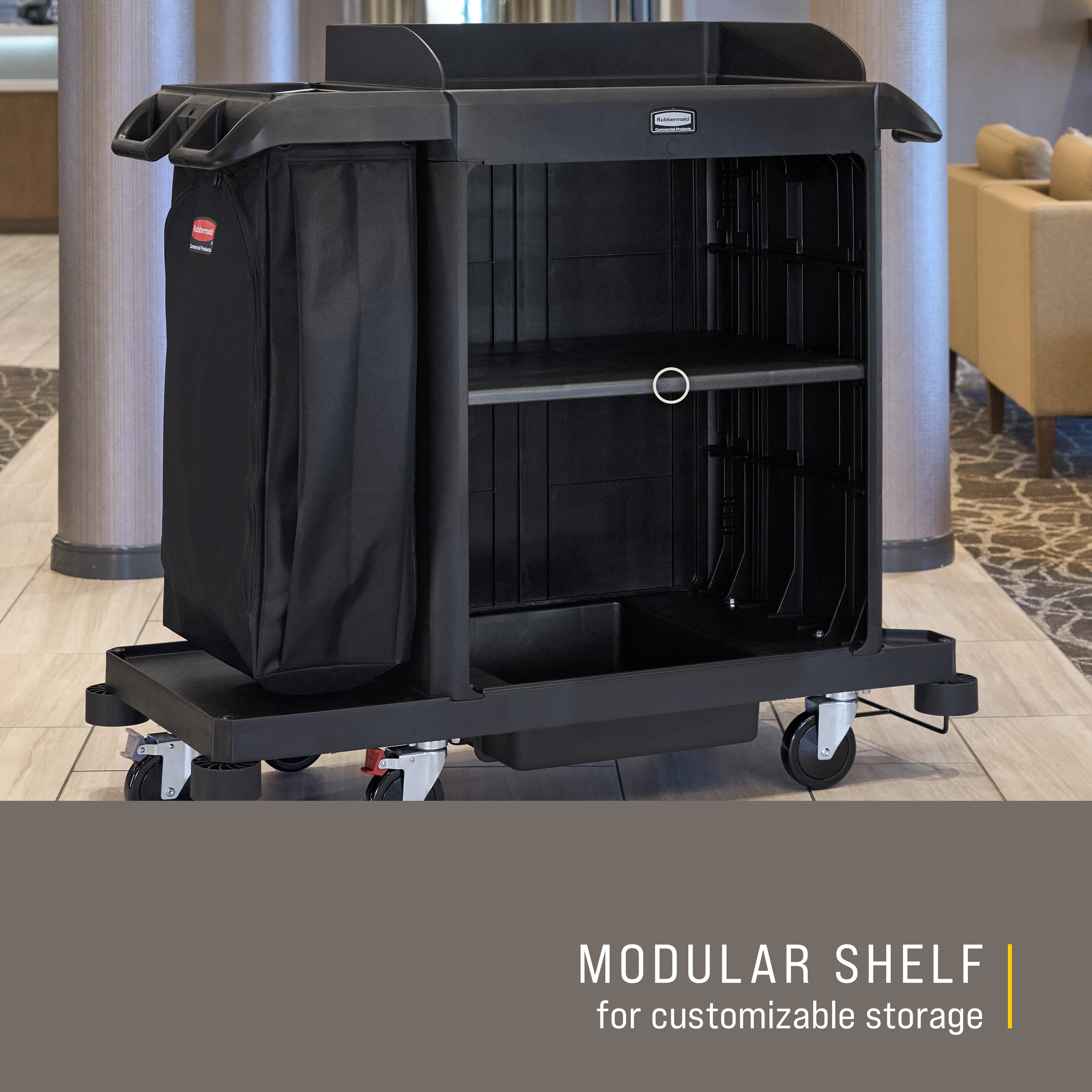 The Compact Housekeeping Cart is the complete system solution for efficient housekeeping, offering 360° maneuverability and customizable organization with an adjustable shelf.