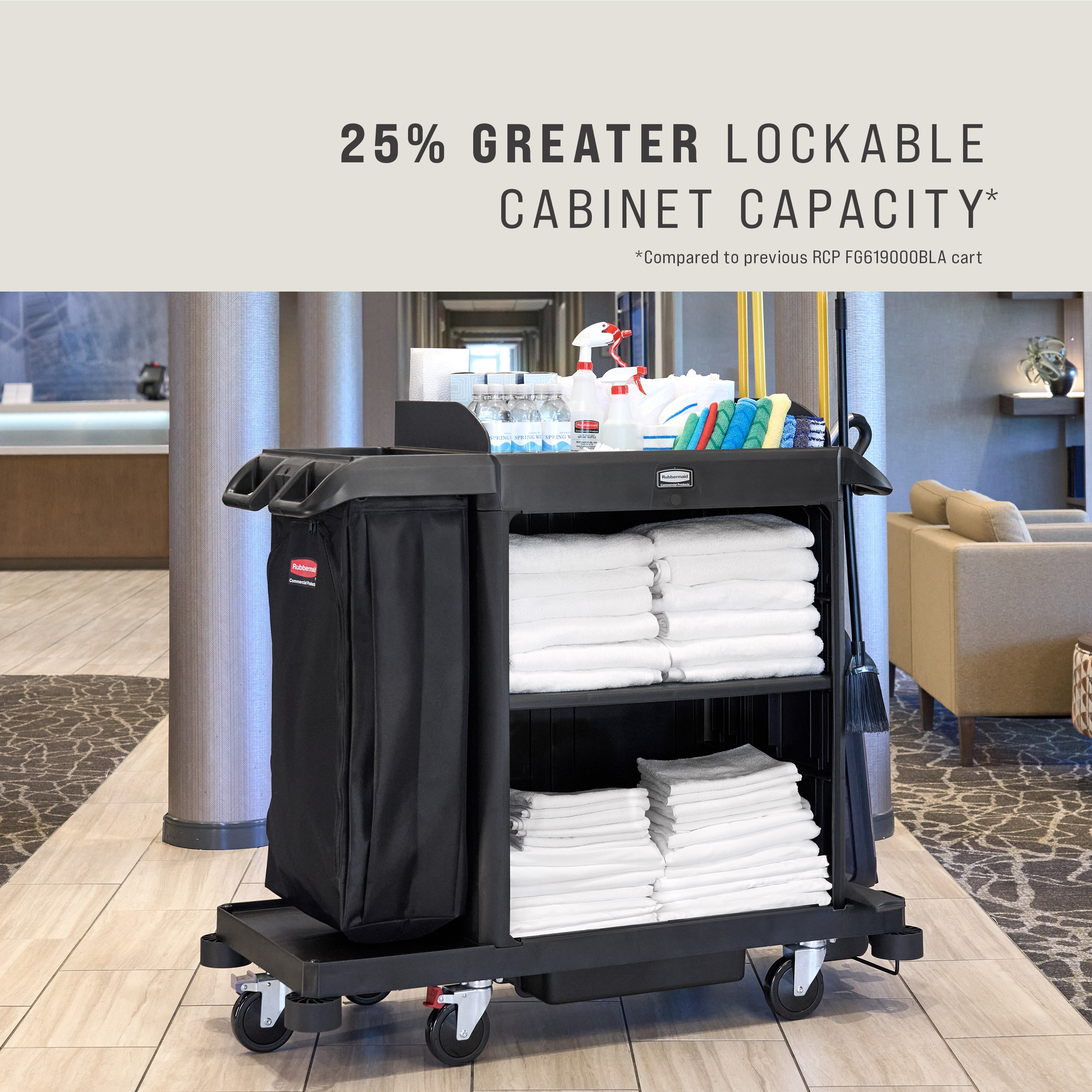 The Compact Housekeeping Cart is the complete system solution for efficient housekeeping, offering 360° maneuverability and customizable organization with an adjustable shelf.