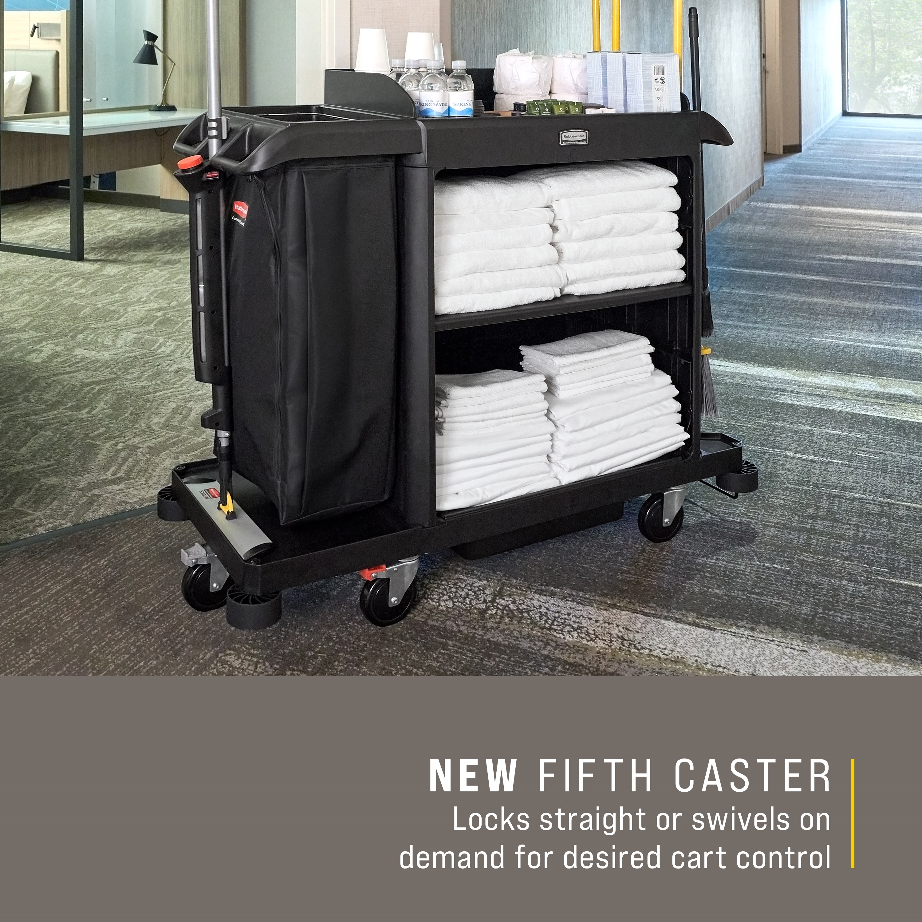 The Compact Housekeeping Cart is the complete system solution for efficient housekeeping, offering 360° maneuverability and customizable organization with an adjustable shelf.