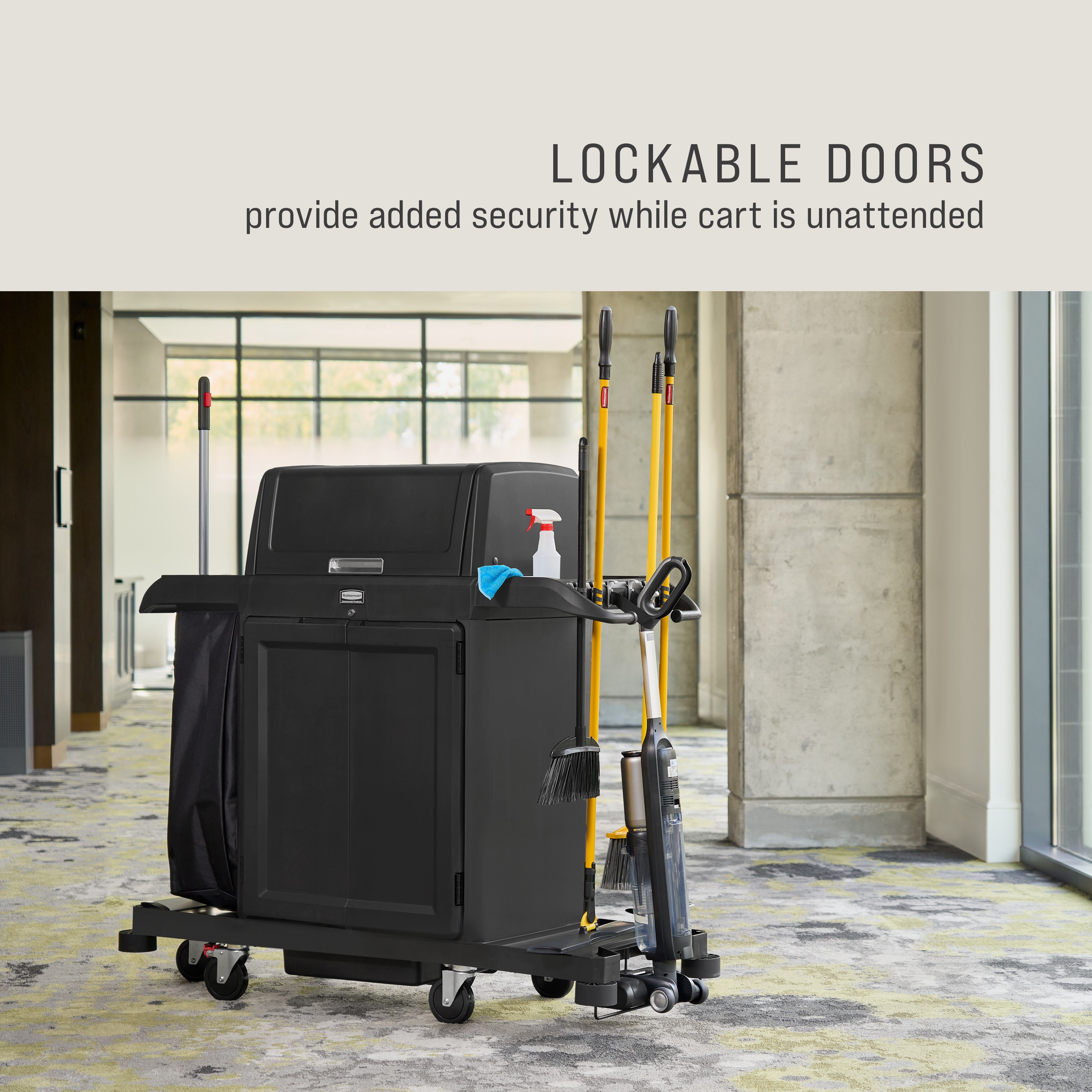 The Locking Door Kit for Housekeeping Carts helps secure and conceal your cleaning supplies and amenities throughout a housekeeping shift.