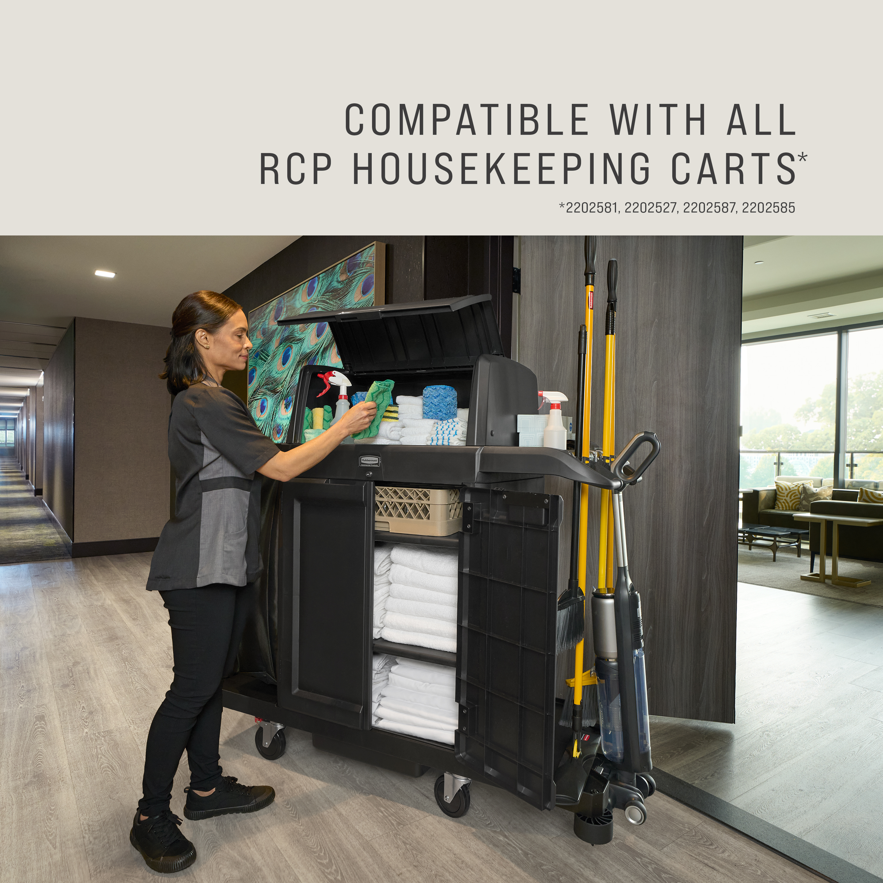 The Locking Security Hood for Housekeeping Carts secures and conceals cleaning supplies and amenities stored on the top of the cart.