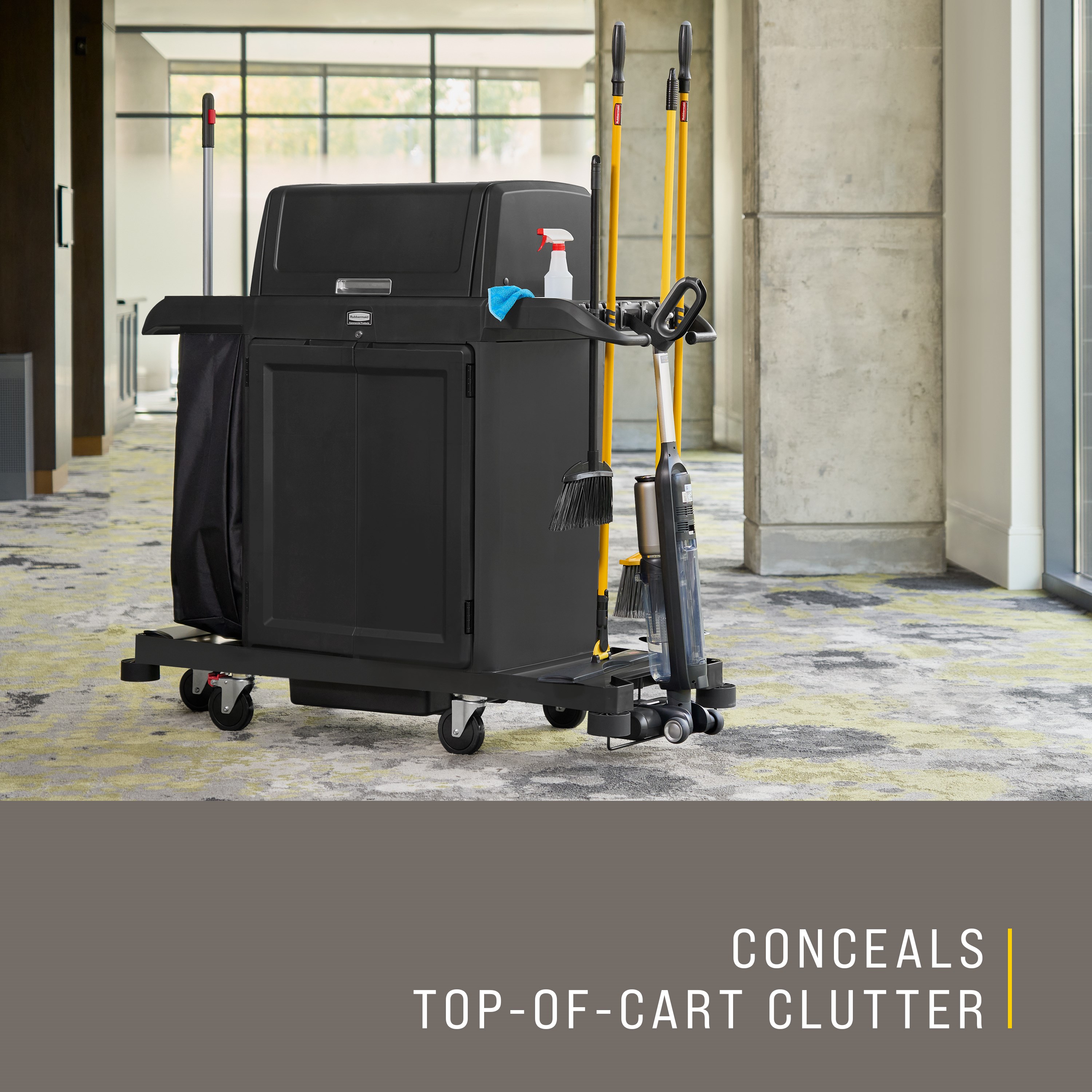 The Locking Security Hood for Housekeeping Carts secures and conceals cleaning supplies and amenities stored on the top of the cart.