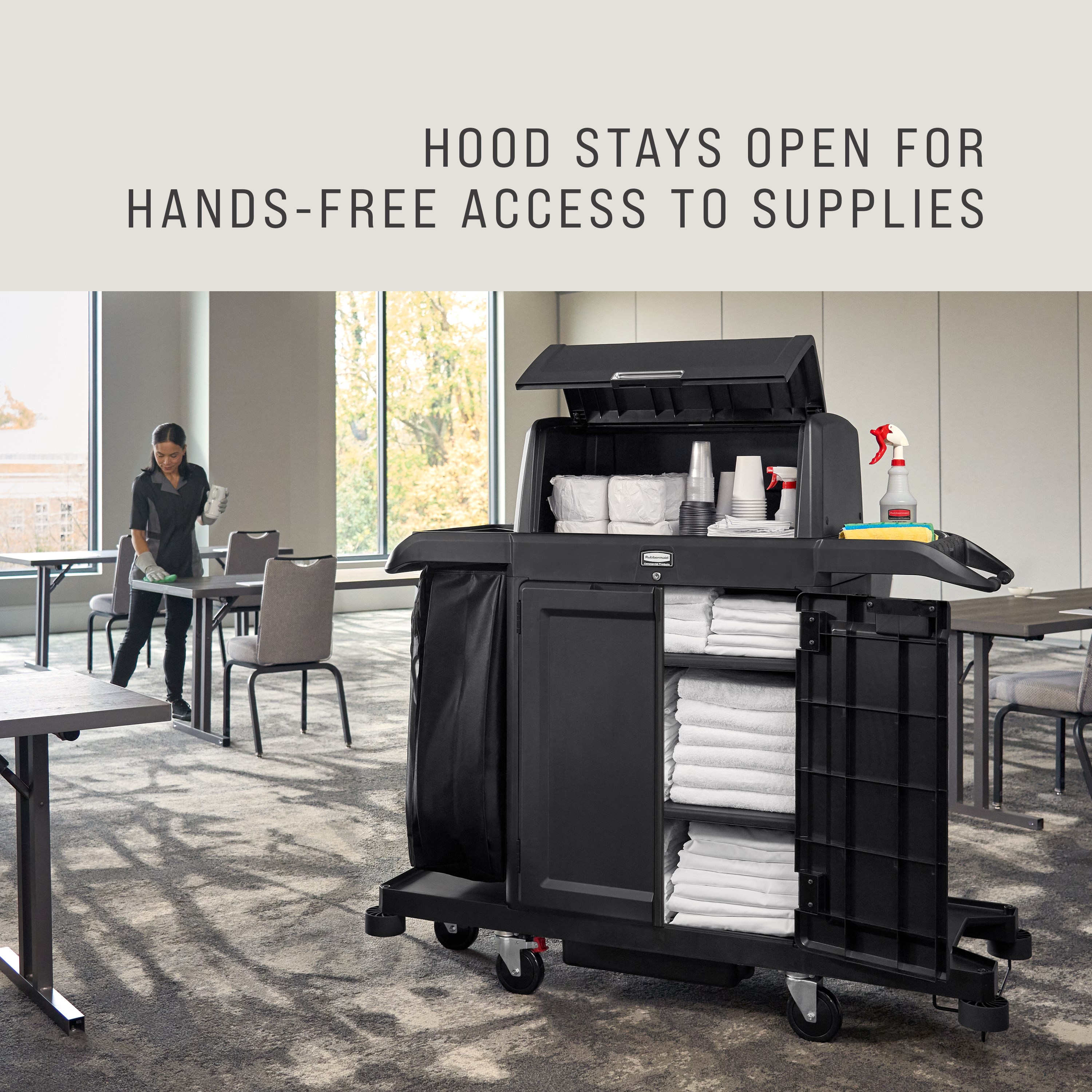 The Locking Security Hood for Housekeeping Carts secures and conceals cleaning supplies and amenities stored on the top of the cart.