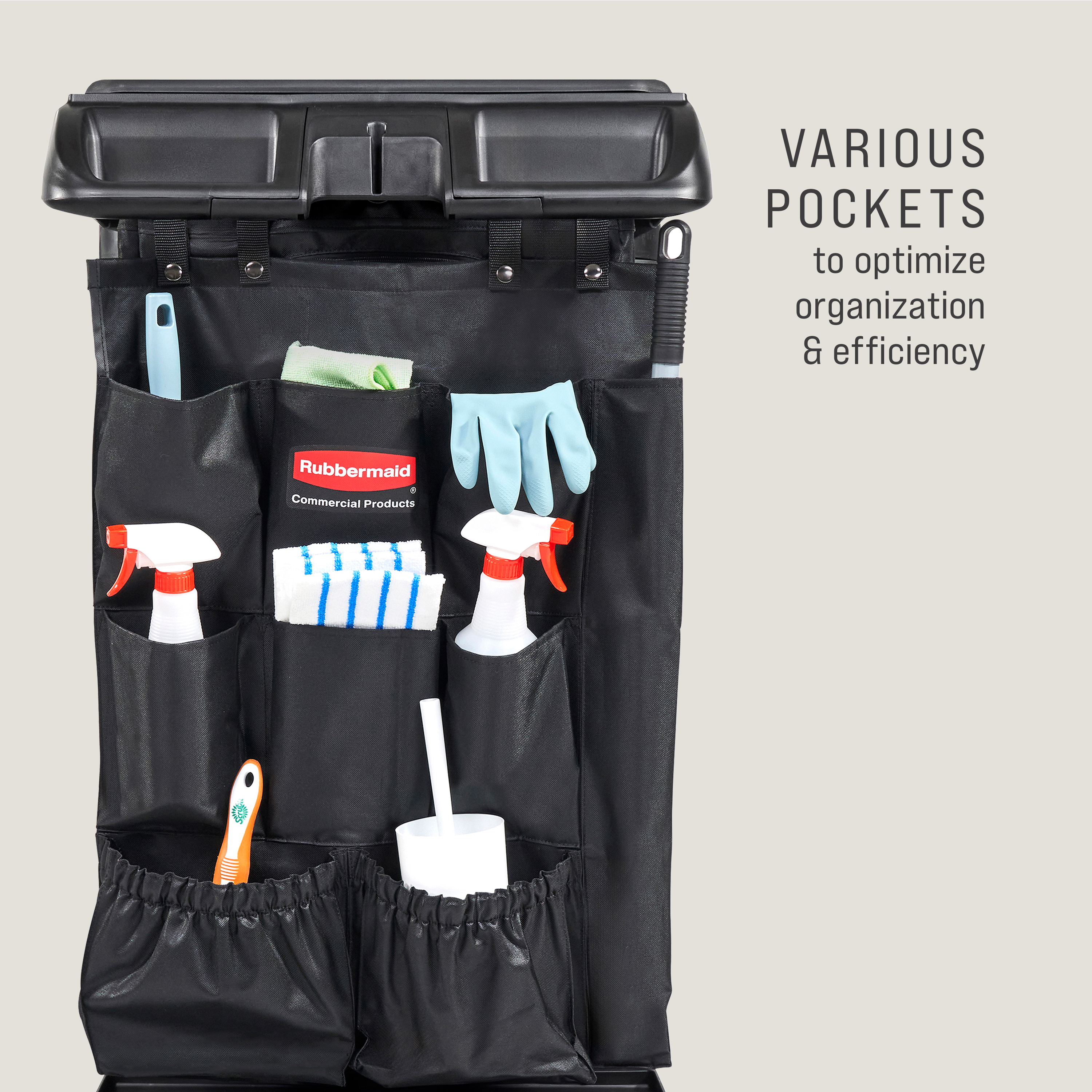 The 9-Pocket Organizer is designed to increase productivity by providing extra organization for housekeeping or janitor carts.