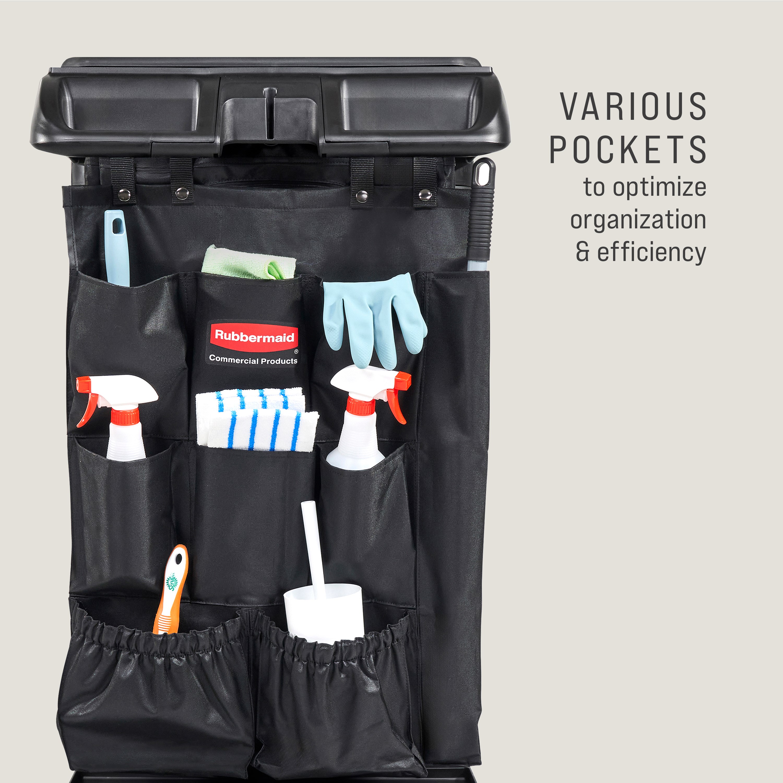The 9-Pocket Organizer is designed to increase productivity by providing extra organization for housekeeping or janitor carts.