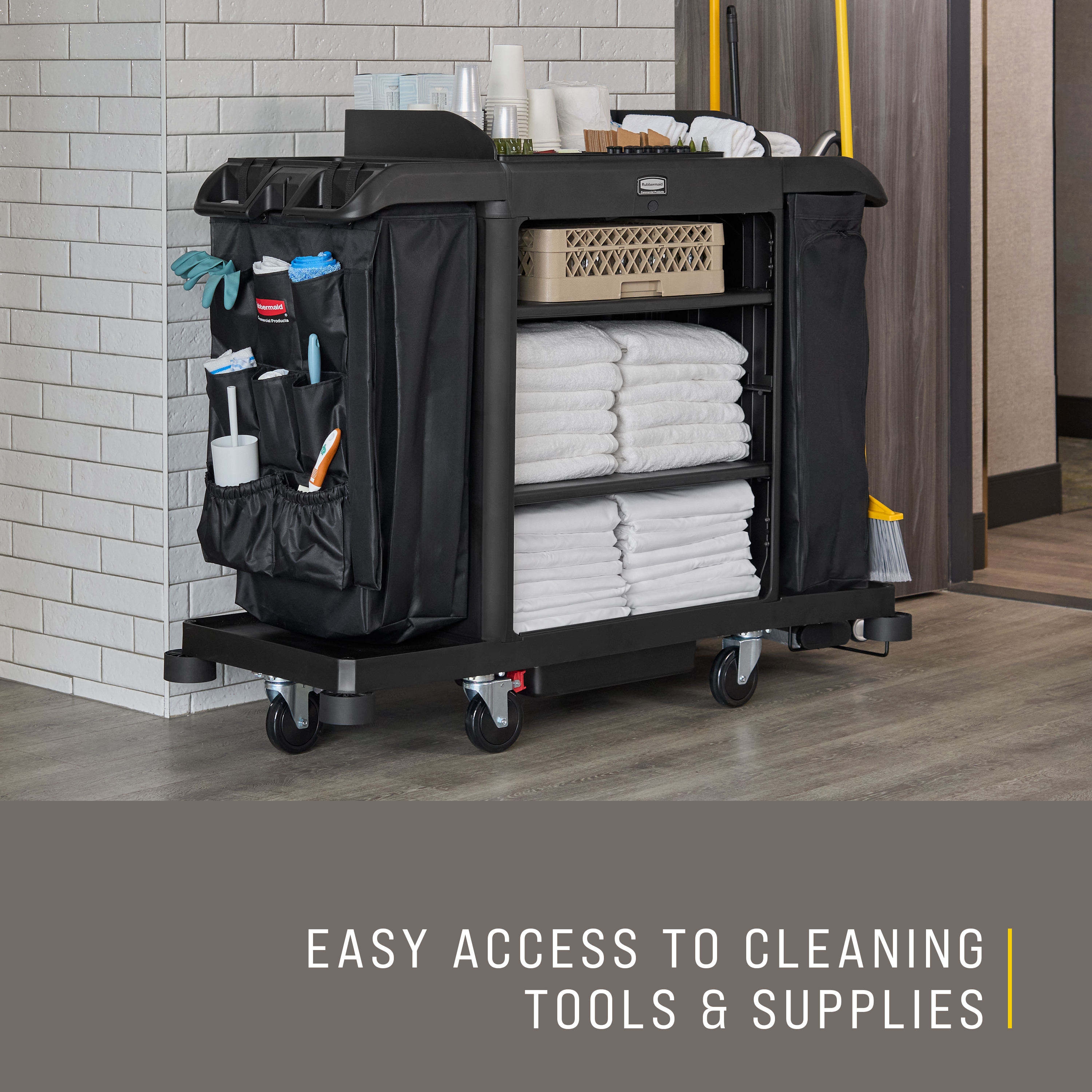 The 9-Pocket Organizer is designed to increase productivity by providing extra organization for housekeeping or janitor carts.