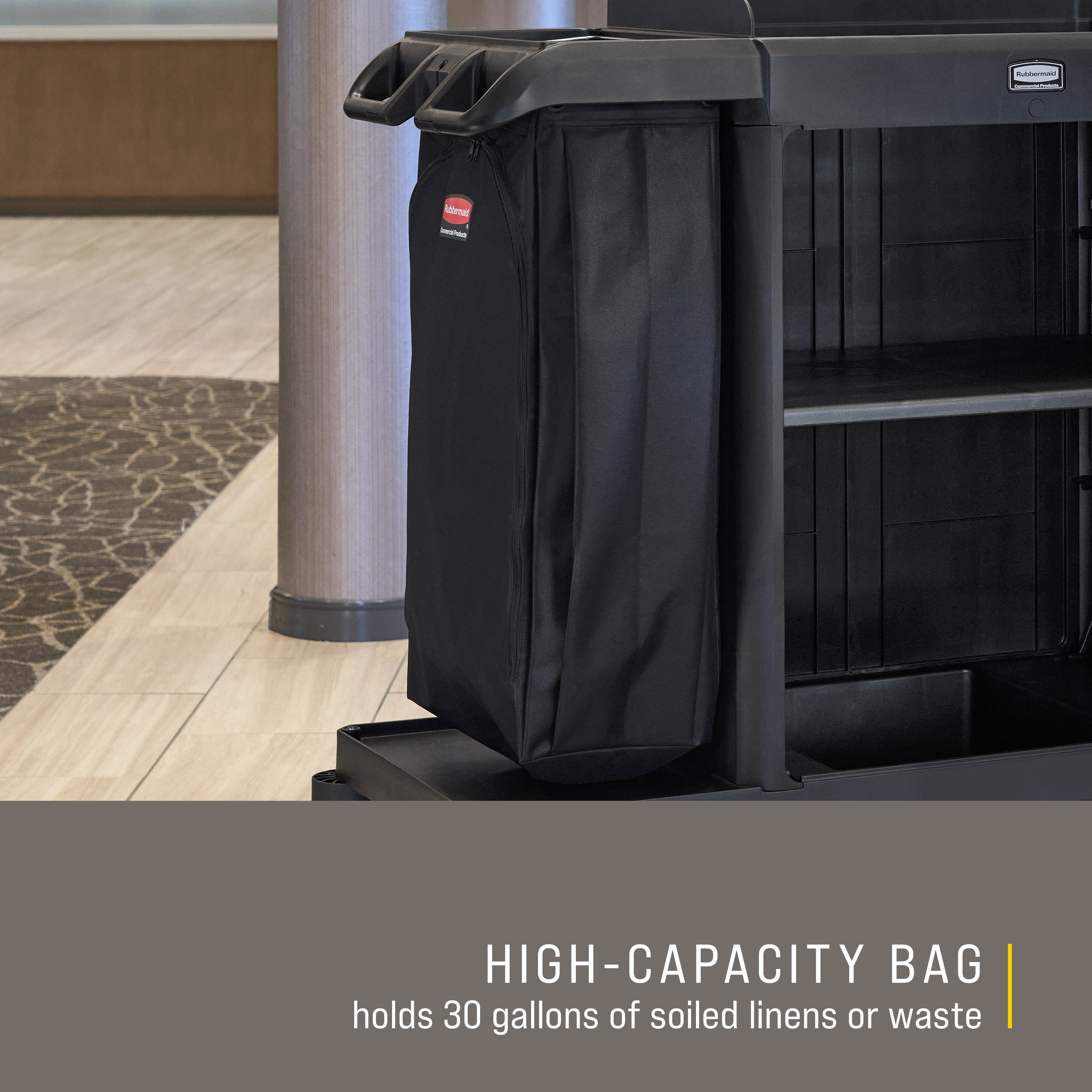 The 30 Gallon Canvas Bag for Housekeeping Carts is a high-capacity waste collection bag that can hold up to 30 gallons of soiled linens or waste; keeping dirty items separate from the rest of the cart.