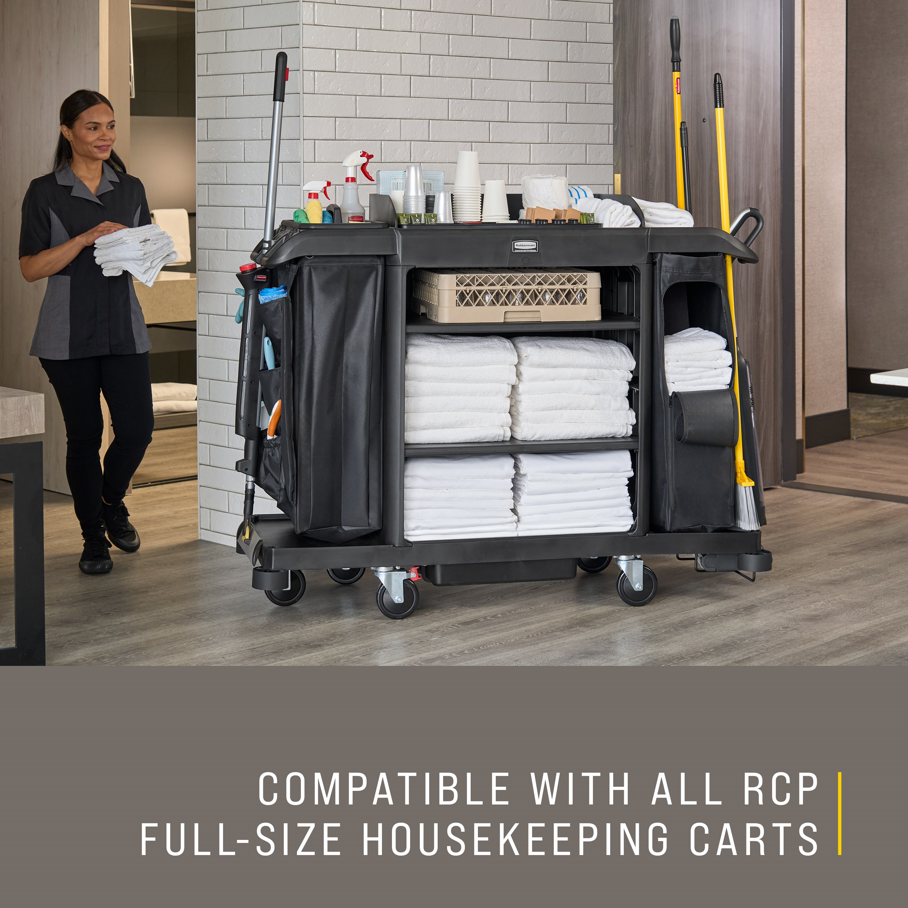 The Side-Load Linen Bag for Housekeeping Carts increases capacity for clean linens without the need for a larger cart.