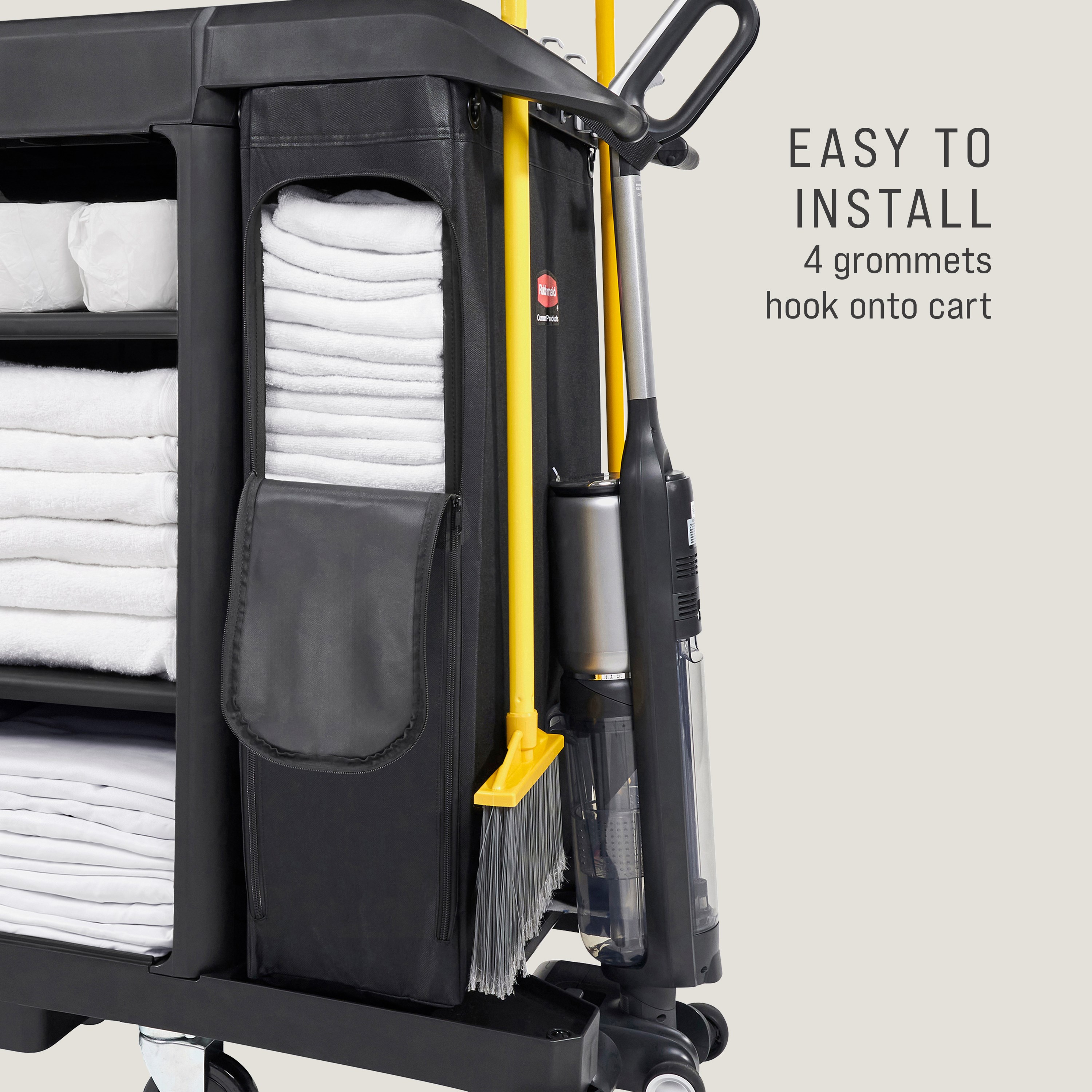 The Side-Load Linen Bag for Housekeeping Carts increases capacity for clean linens without the need for a larger cart.