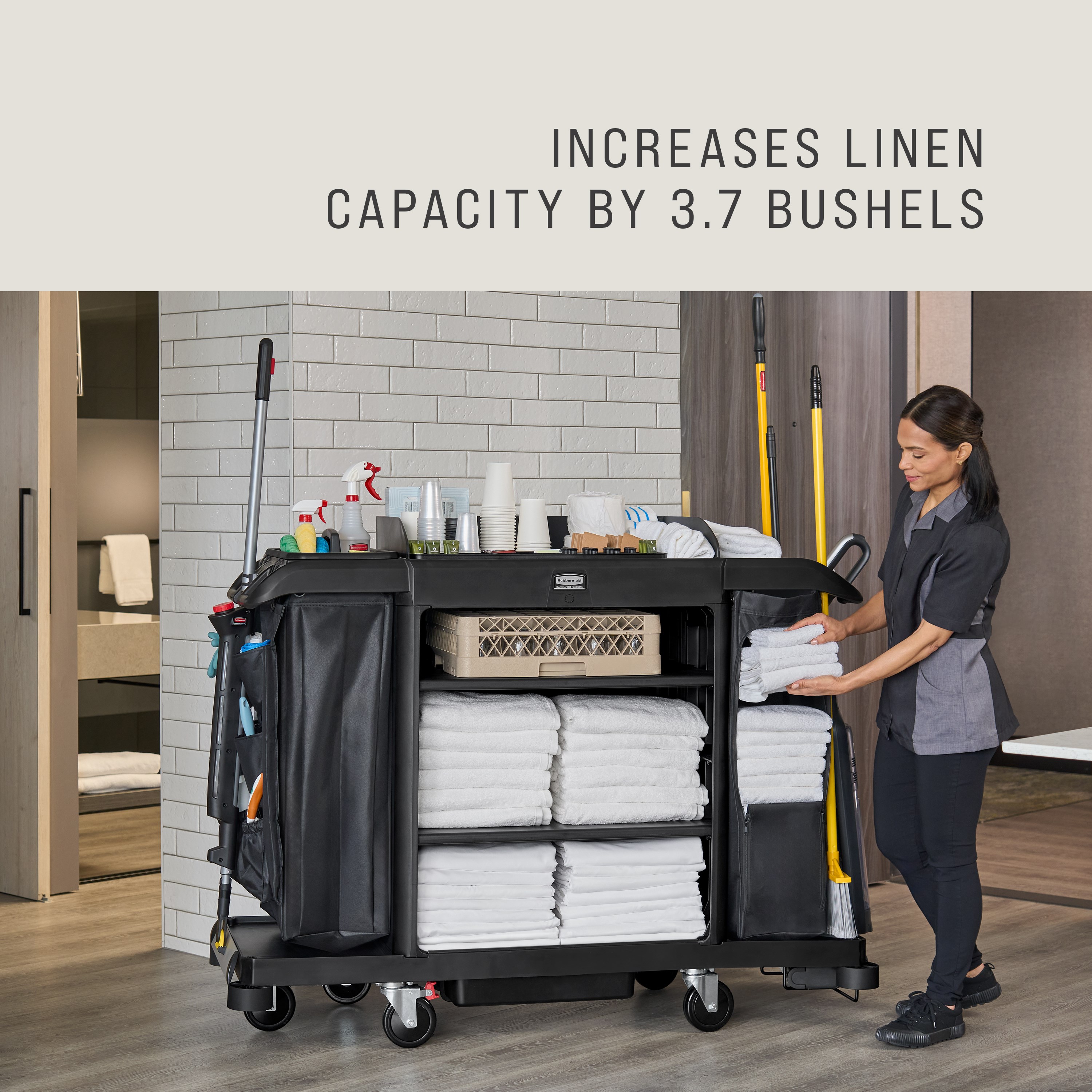 The Side-Load Linen Bag for Housekeeping Carts increases capacity for clean linens without the need for a larger cart.