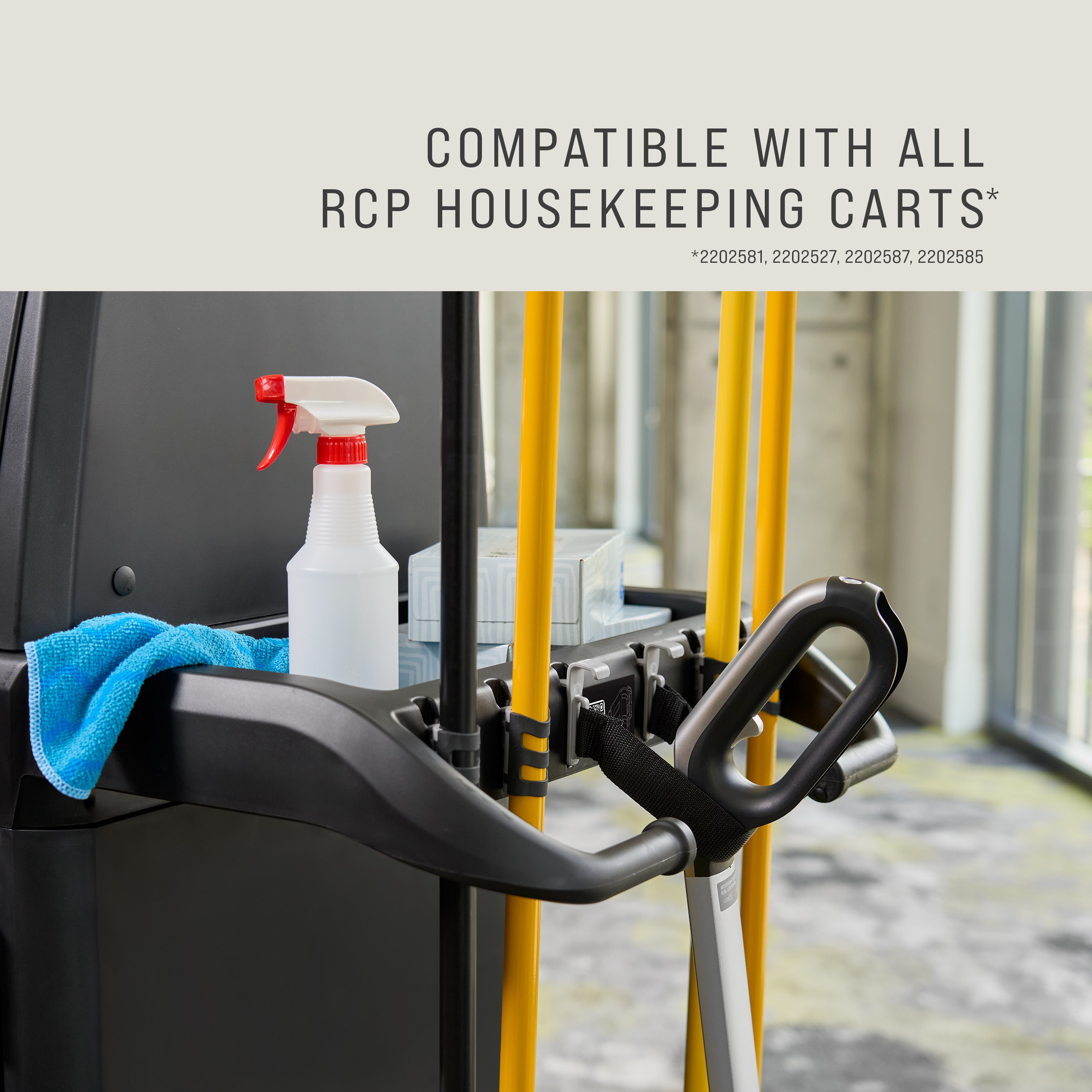 The Vacuum Holder helps to secure vacuums in place on Rubbermaid Commercial Product's Housekeeping Carts.