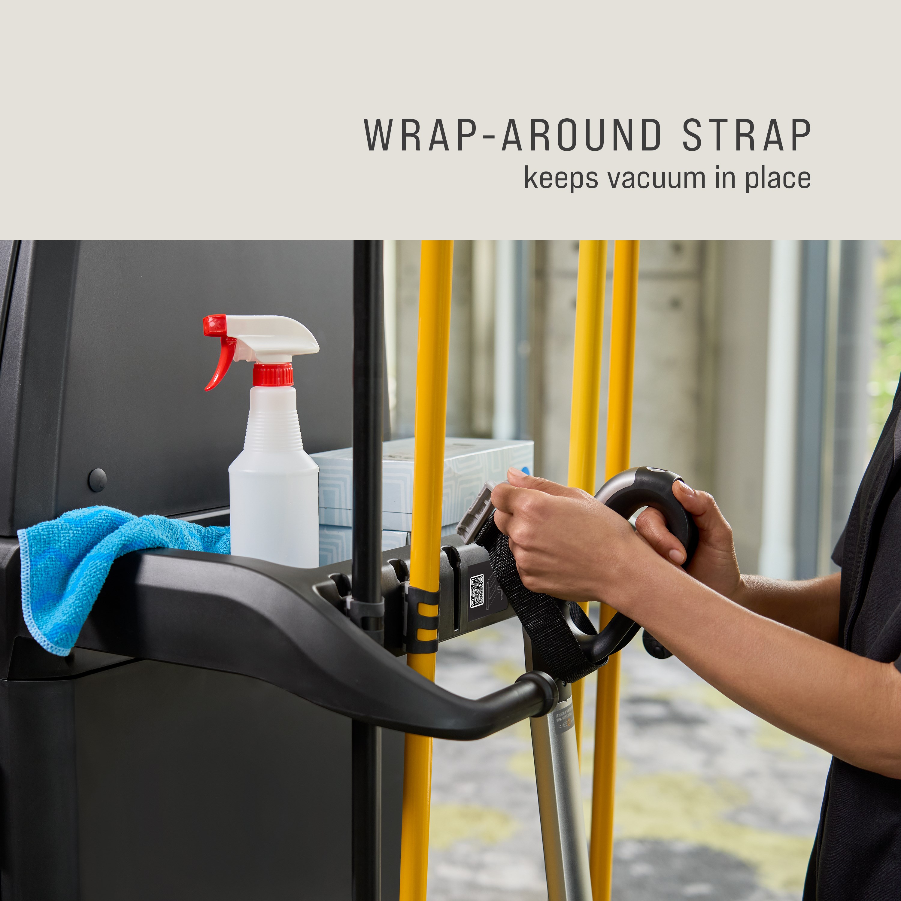 The Vacuum Holder helps to secure vacuums in place on Rubbermaid Commercial Product's Housekeeping Carts.