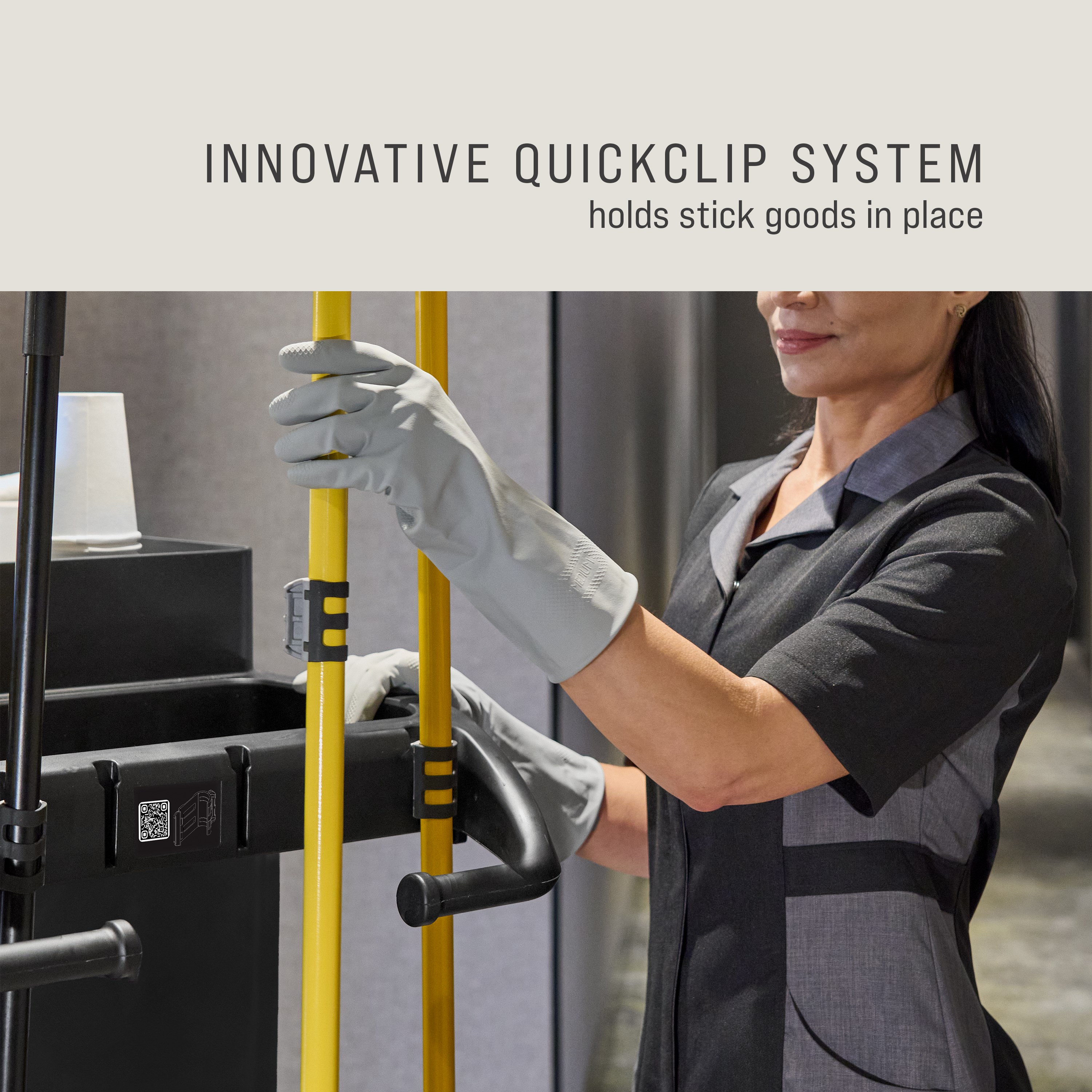 Rubbermaid Commercial Product's new QuickClip System offers users a simple, on-the-go solution for storing and accessing stick goods.