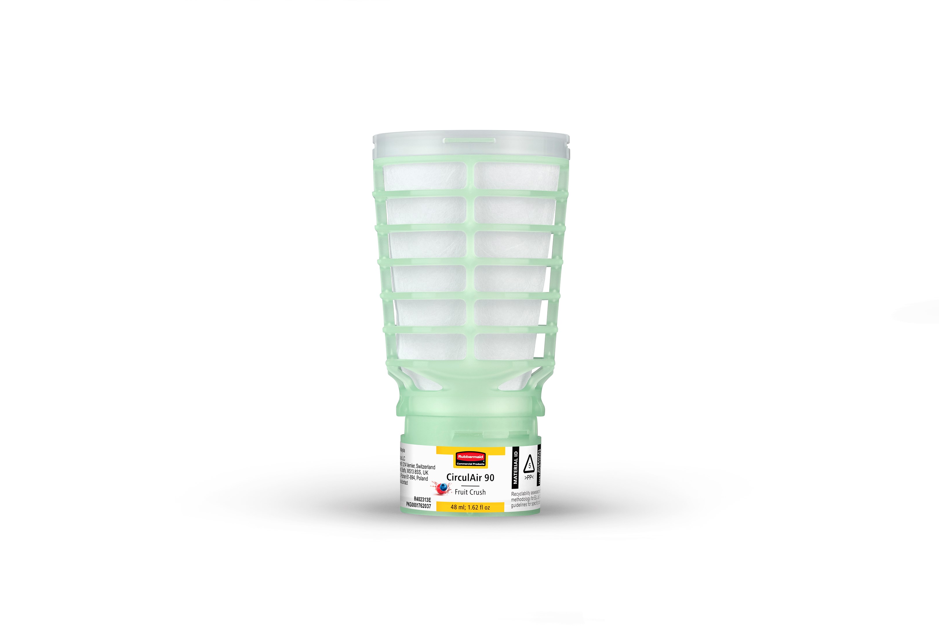 The Rubbermaid Commercial Products® CirculAir 90™ Fruit Crush scent refill is engineered to deliver reliable air care performance with verified recyclability. Made from a single material, the refill is recyclable and requires no dismantling (EU, UK , NO, CH).