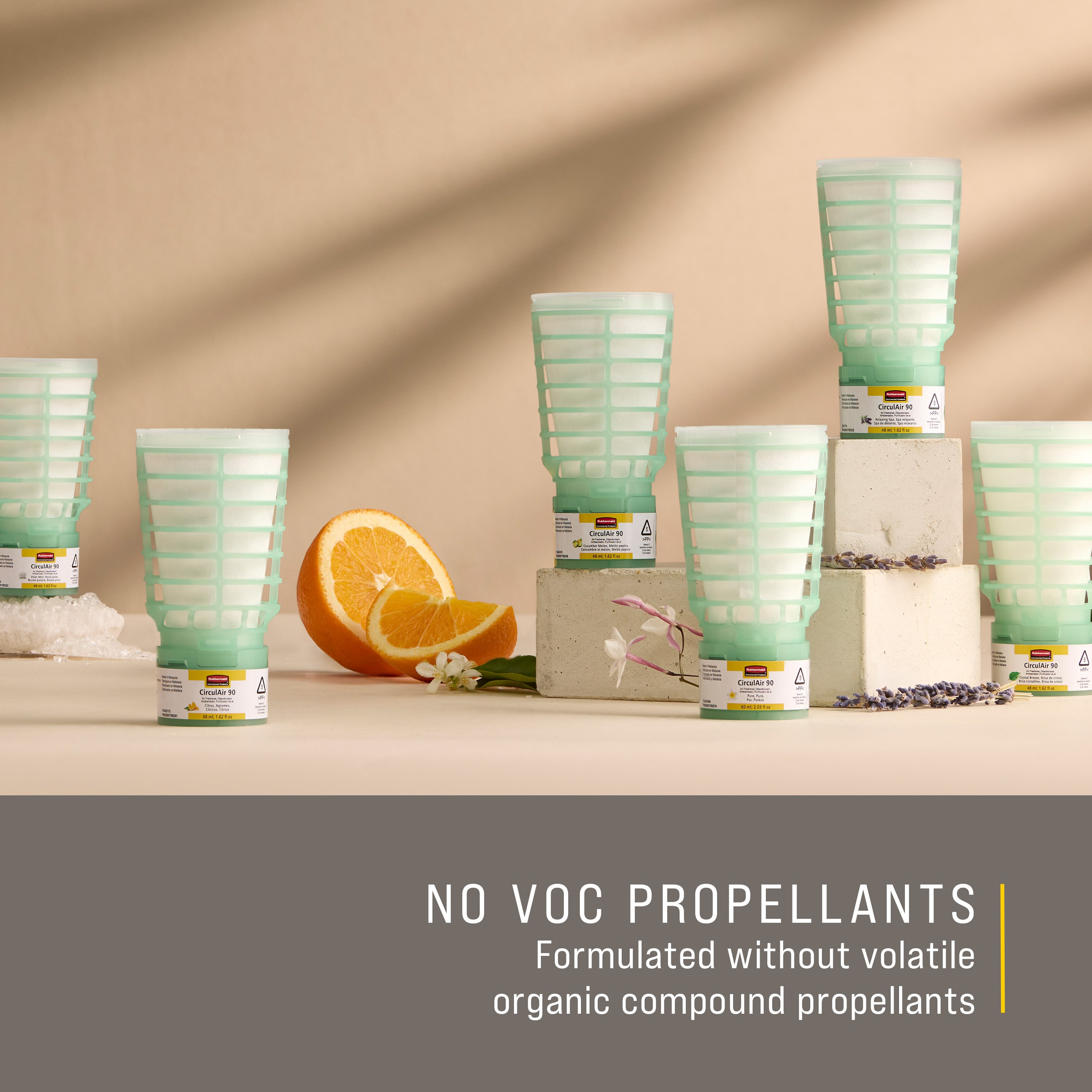 The Rubbermaid Commercial Products® CirculAir 90™ Citrus scent refill is engineered to deliver reliable air care performance with verified recyclability. Made from a single material, the refill is recycle-stream-ready and requires no dismantling.