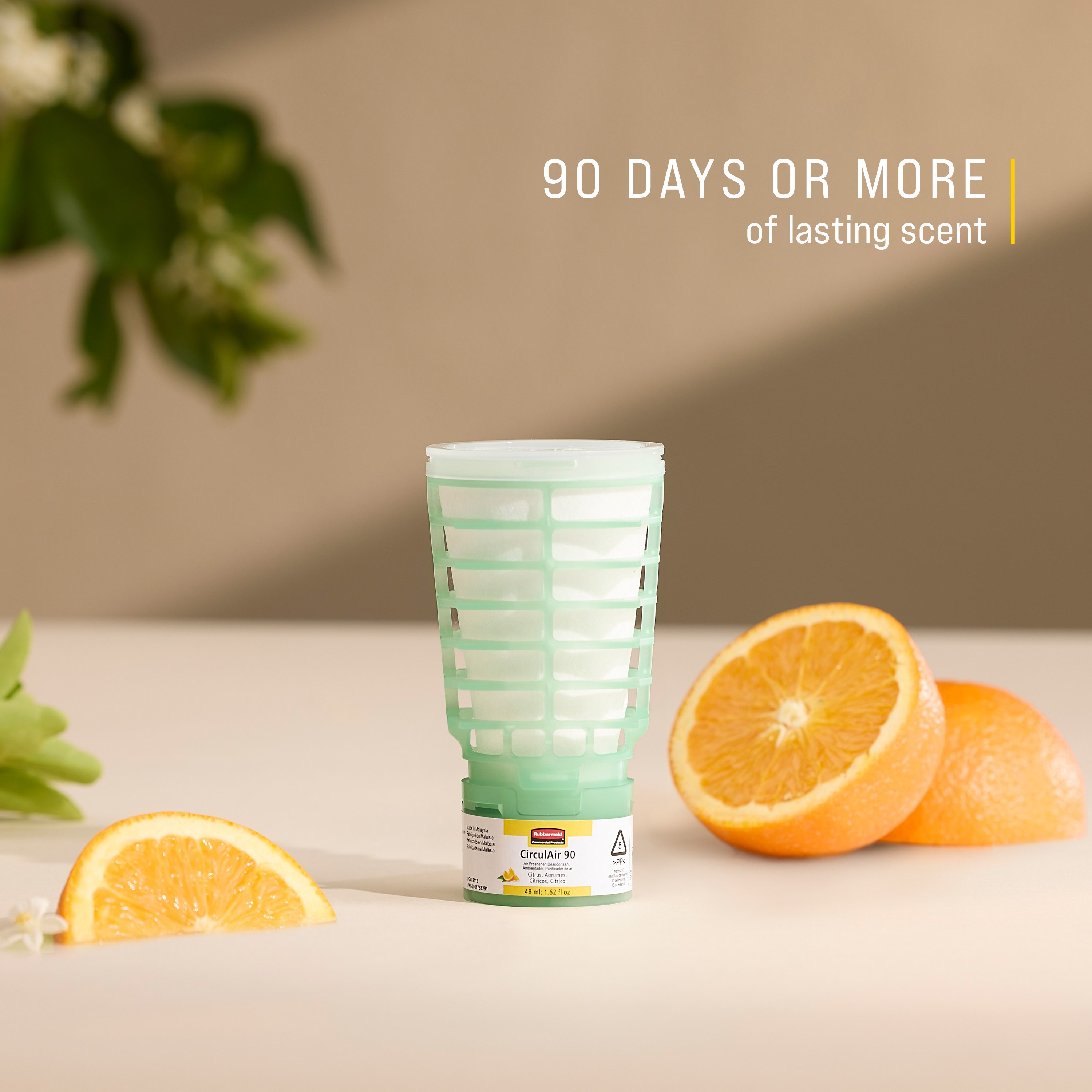 The Rubbermaid Commercial Products® CirculAir 90™ Citrus scent refill is engineered to deliver reliable air care performance with verified recyclability. Made from a single material, the refill is recycle-stream-ready and requires no dismantling.