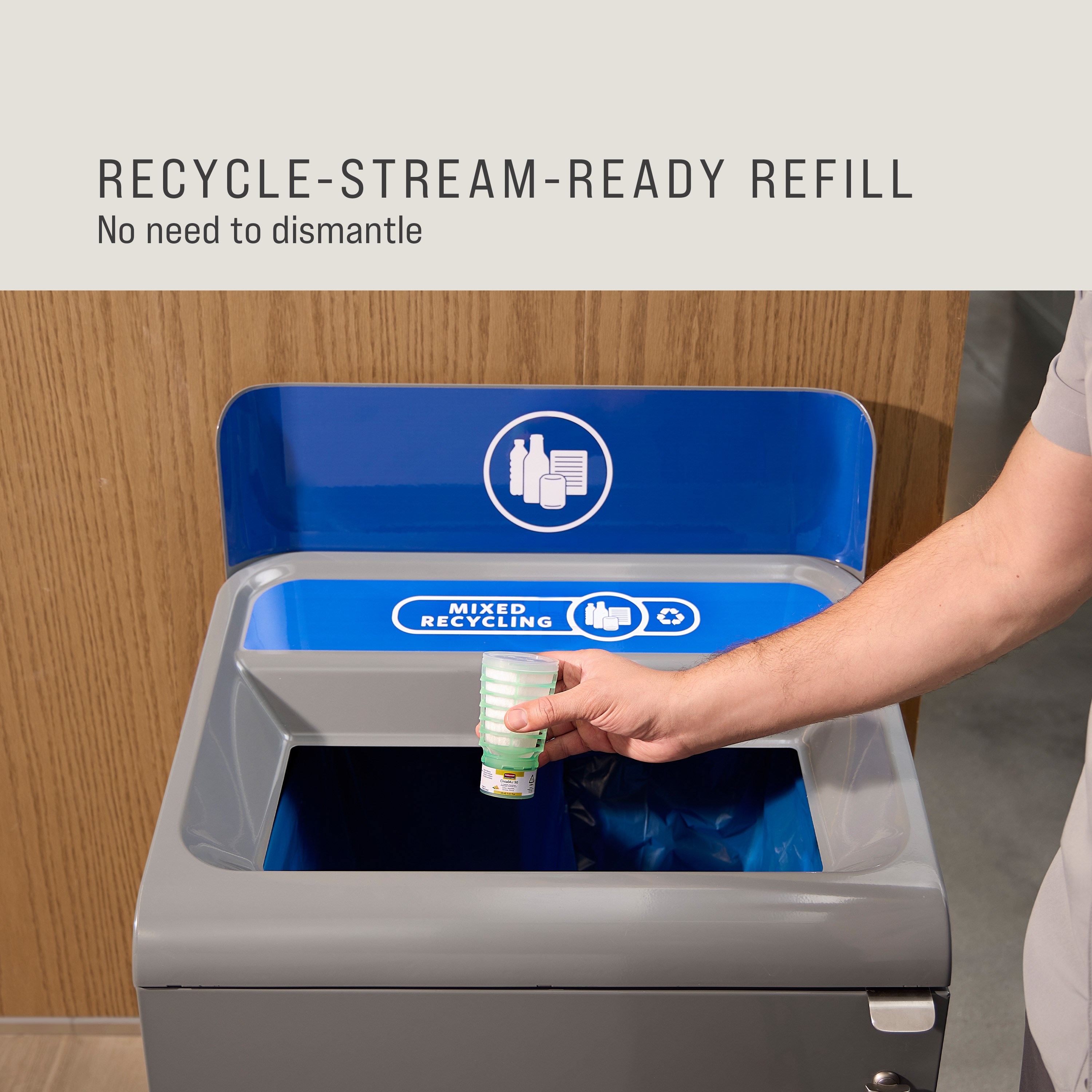 The Rubbermaid Commercial Products® CirculAir 90™ Citrus scent refill is engineered to deliver reliable air care performance with verified recyclability. Made from a single material, the refill is recycle-stream-ready and requires no dismantling.