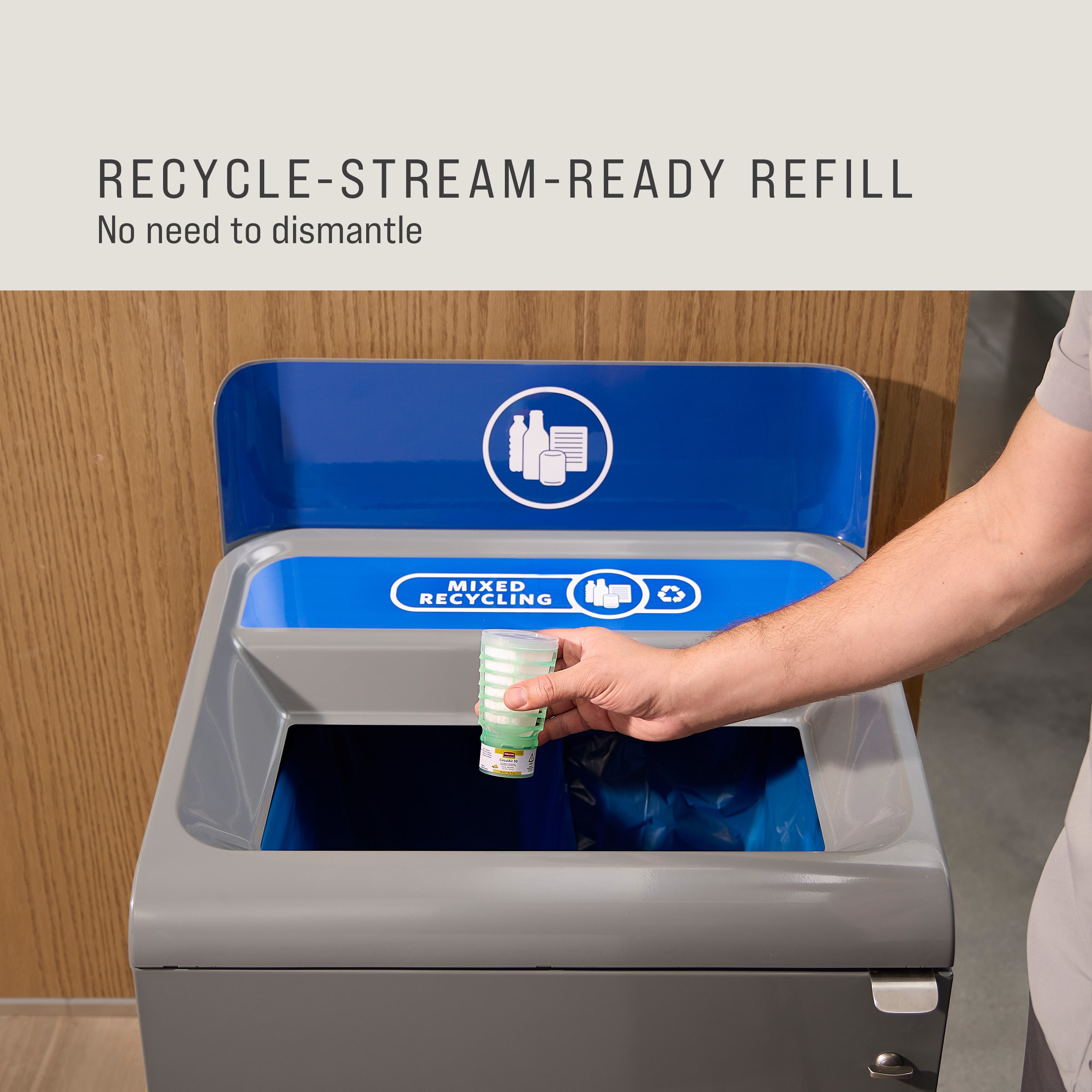 น้ำยาเติมปรับอากาศ Rubbermaid Commercial Products CirculAir 90™ กลิ่นมะม่วง ออกแบบมาเพื่อมอบประสิทธิภาพการดูแลอากาศที่เชื่อถือได้ พร้อมการรีไซเคิลที่ได้รับการรับรอง ผลิตจากวัสดุชนิดเดียว จึงพร้อมสำหรับการรีไซเคิลและไม่จำเป็นต้องถอดชิ้นส่วน