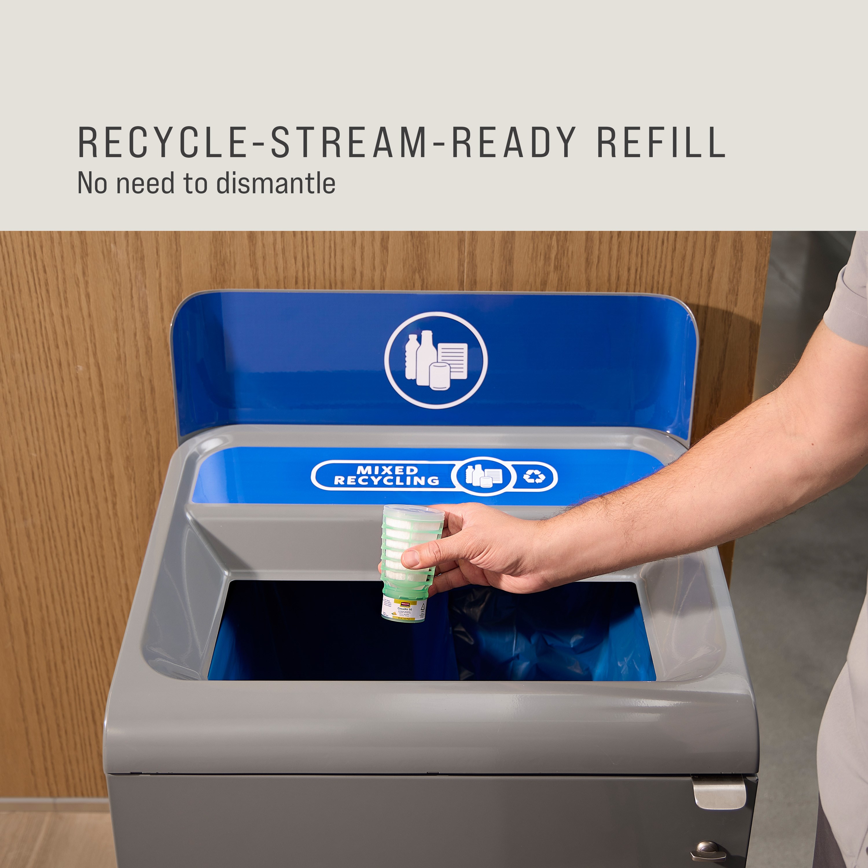 The Rubbermaid Commercial Products® CirculAir 90™ Polar Mist scent refill is engineered to deliver reliable air care performance with verified recyclability. Made from a single material, the refill is recycle-stream-ready and requires no dismantling.