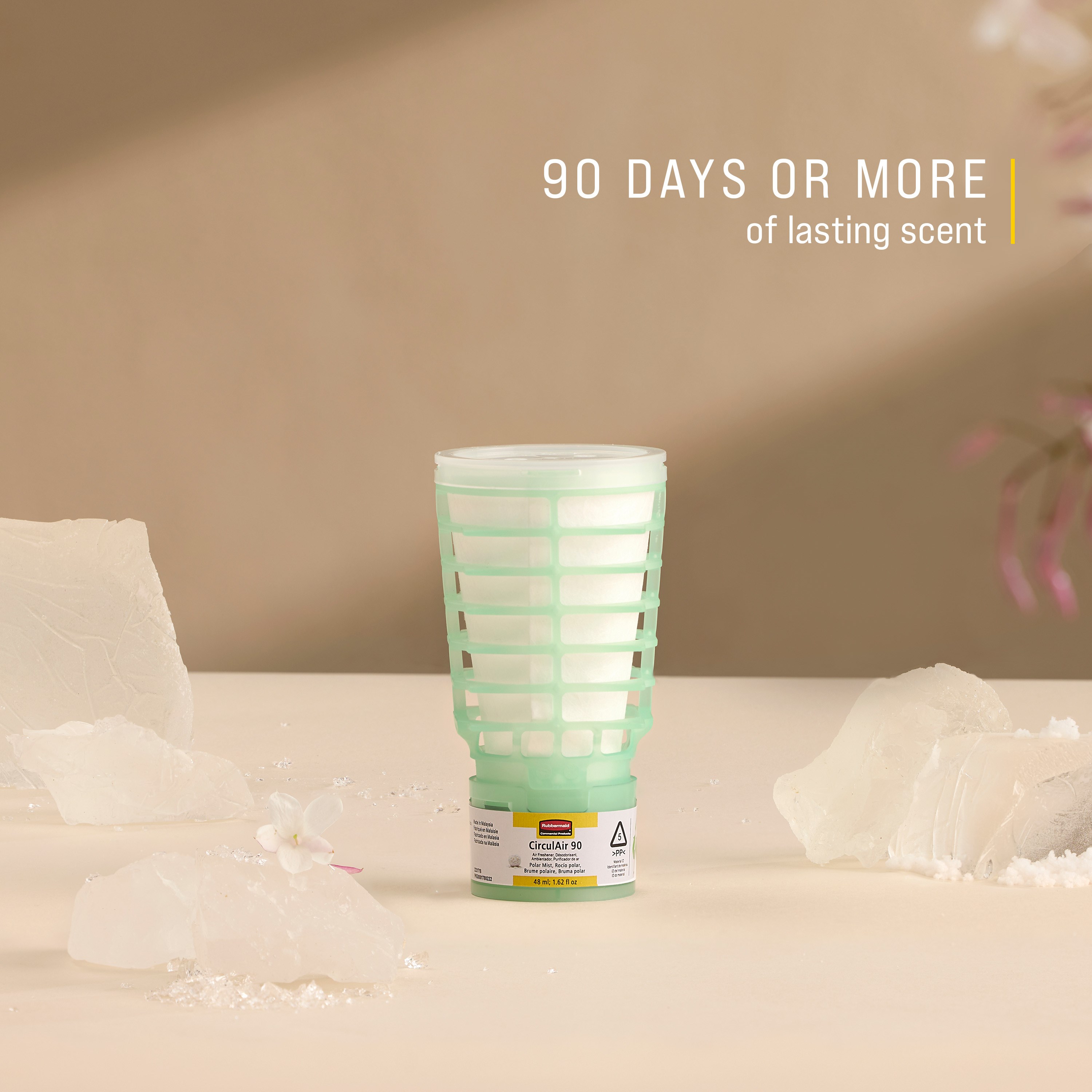 The Rubbermaid Commercial Products® CirculAir 90™ Polar Mist scent refill is engineered to deliver reliable air care performance with verified recyclability. Made from a single material, the refill is recycle-stream-ready and requires no dismantling.