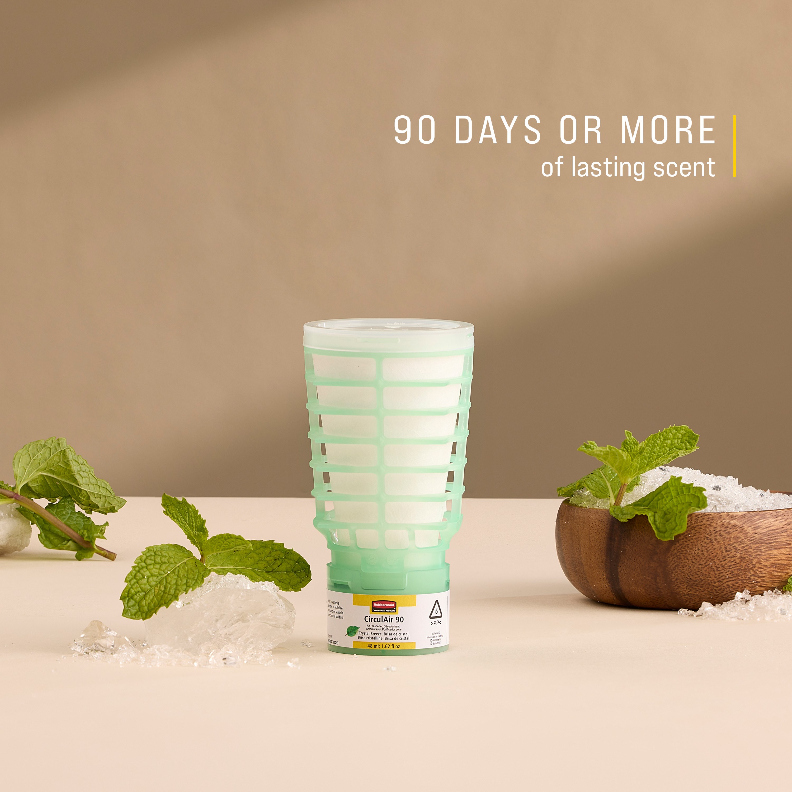 The Rubbermaid Commercial Products® CirculAir 90™ Crystal Breeze scent refill is engineered to deliver reliable air care performance with verified recyclability. Made from a single material, the refill is recycle-stream-ready and requires no dismantling.