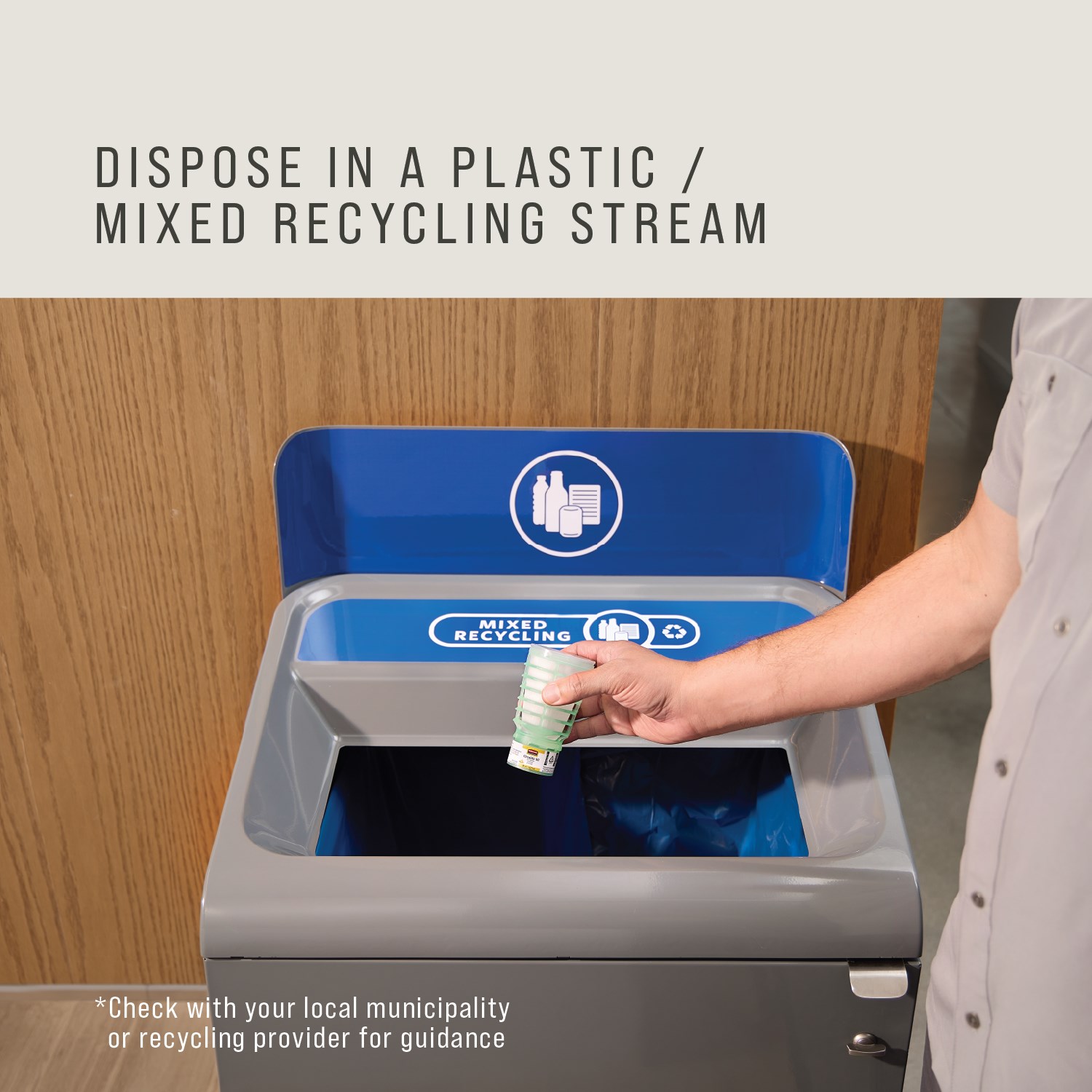 The Rubbermaid Commercial Products® CirculAir 90™ Relaxing Spa scent refill is engineered to deliver reliable air care performance with verified recyclability. Made from a single material, the refill is recyclable and requires no dismantling (EU, UK , NO, CH).