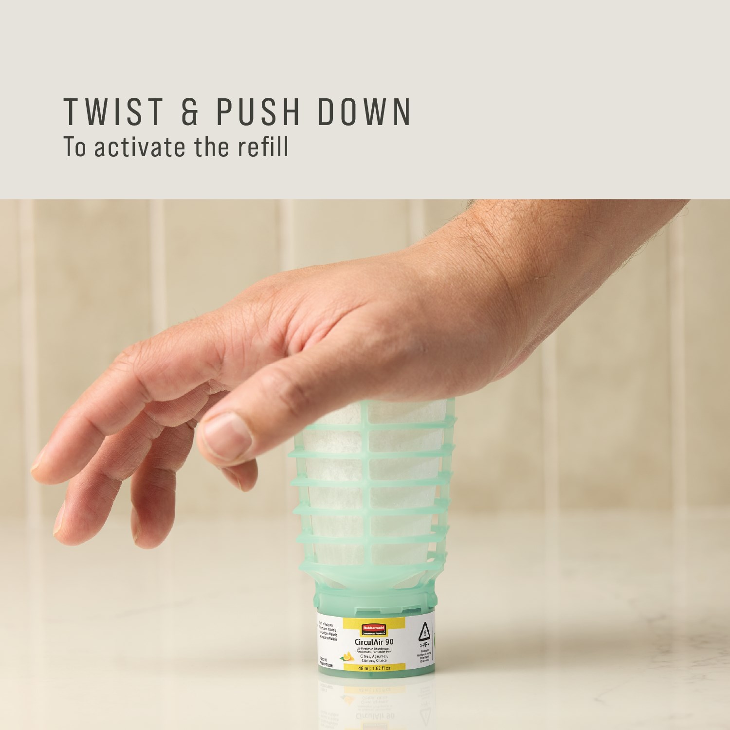 The Rubbermaid Commercial Products® CirculAir 90™ Relaxing Spa scent refill is engineered to deliver reliable air care performance with verified recyclability. Made from a single material, the refill is recyclable and requires no dismantling (EU, UK , NO, CH).