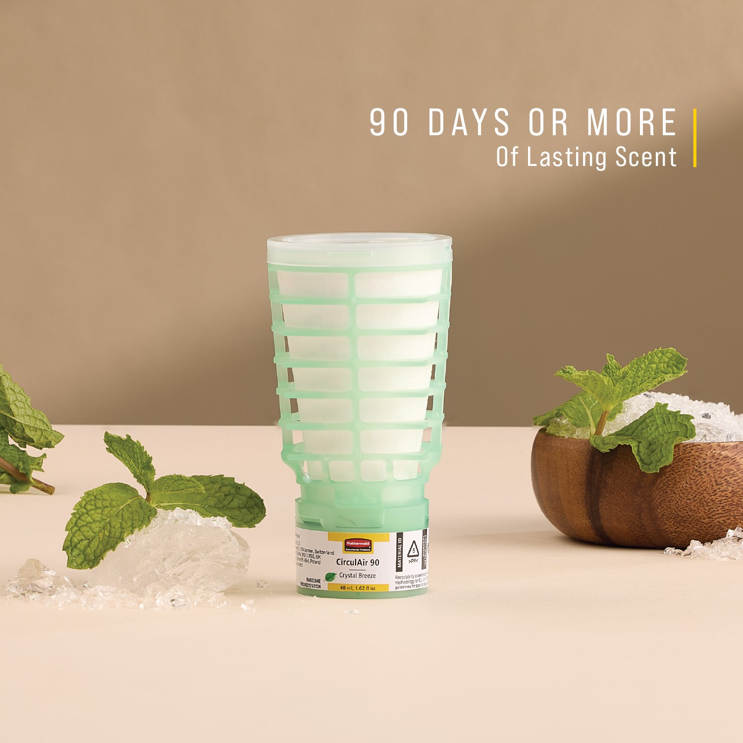 The Rubbermaid Commercial Products® CirculAir 90™ Crystal Breeze scent refill is engineered to deliver reliable air care performance with verified recyclability. Made from a single material, the refill is recyclable and requires no dismantling (EU, UK , NO, CH).