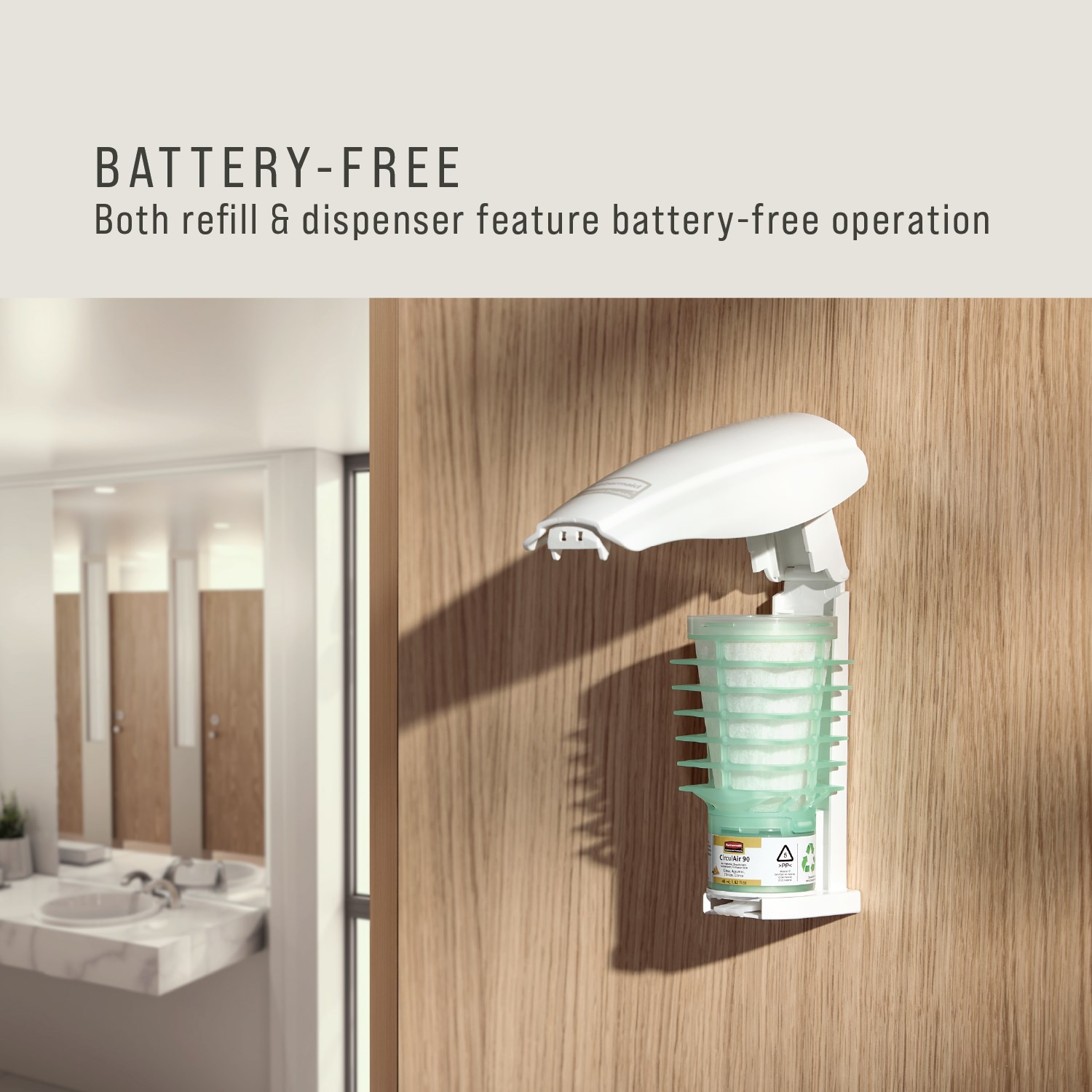Battery-free Passive Air Care Dispenser compatible with CirculAir 90™ Air Care Refills, delivering uninterrupted performance and 90 days or more of maintenance-free fragrance.