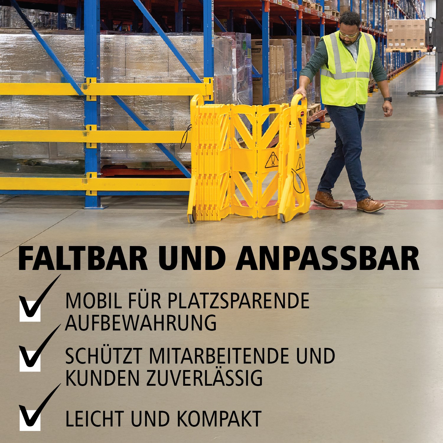 Einfach zu bedienen, gut zu sehen, schnell zu bewegen und leicht zu verstauen: Die mobile Absperrung besteht aus beweglichen Elementen mit einer Gesamtlänge von bis zu 4 Metern. Sie kann gerade, gebogen oder kreisförmig eingesetzt werden. ANSI- / OSHA-konforme Farben.