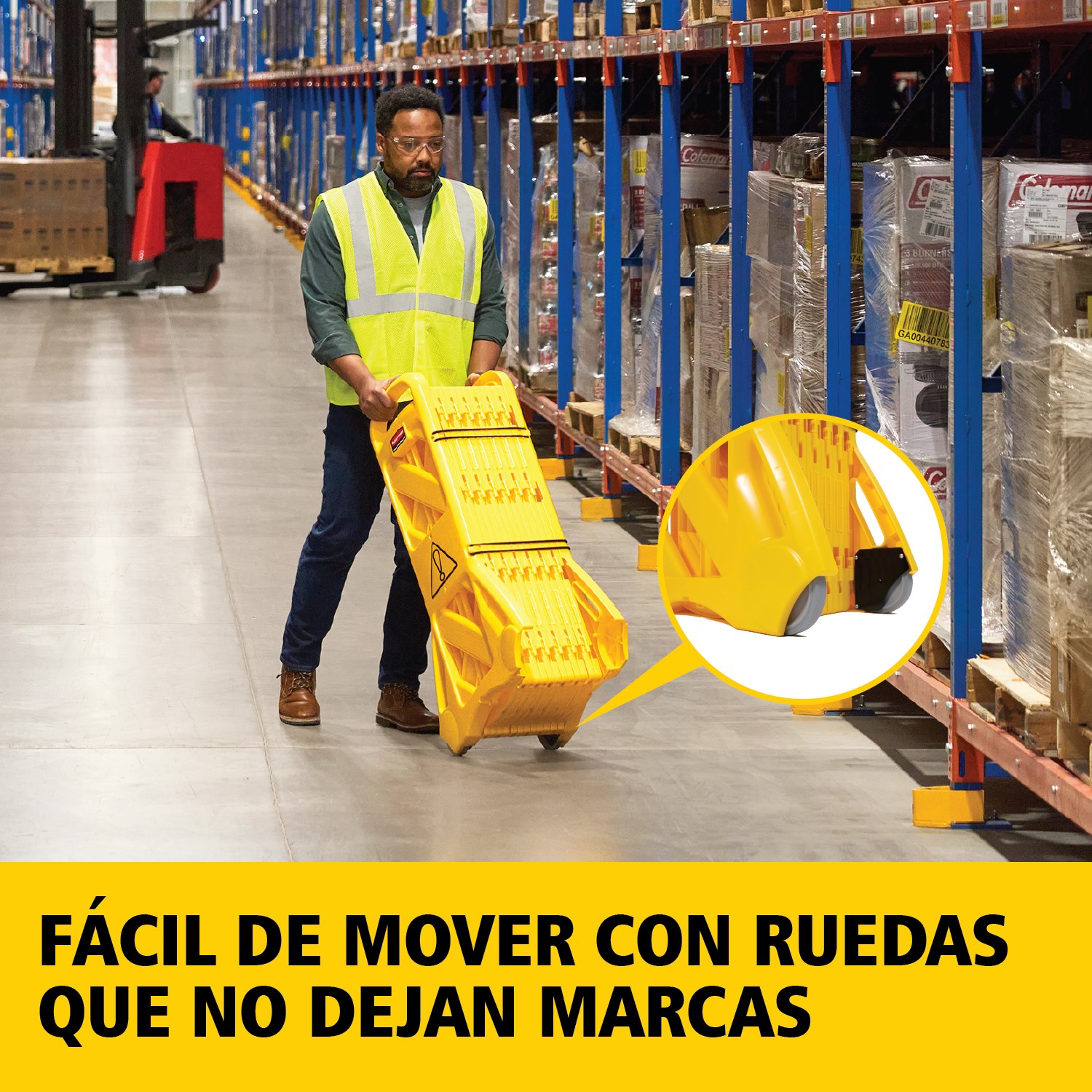 La barrera móvil es fácil de usar, de ver, de mover y de almacenar y puede extenderse hasta 4 metros gracias a los paneles articulados. Se puede utilizar recta, en curva o en círculo. Colores compatibles con el estándar ANSI/OSHA.