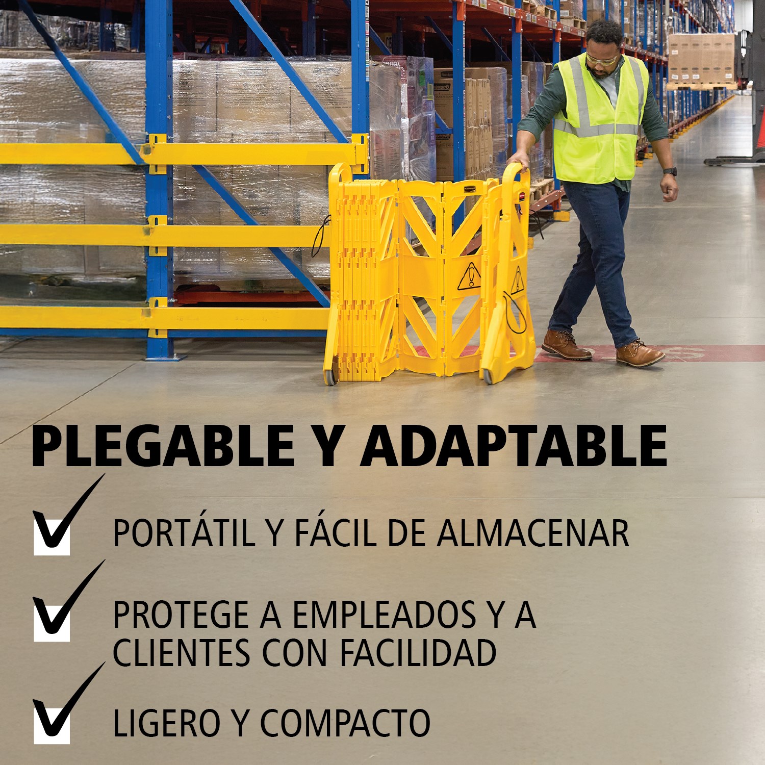 La barrera móvil es fácil de usar, de ver, de mover y de almacenar y puede extenderse hasta 4 metros gracias a los paneles articulados. Se puede utilizar recta, en curva o en círculo. Colores compatibles con el estándar ANSI/OSHA.