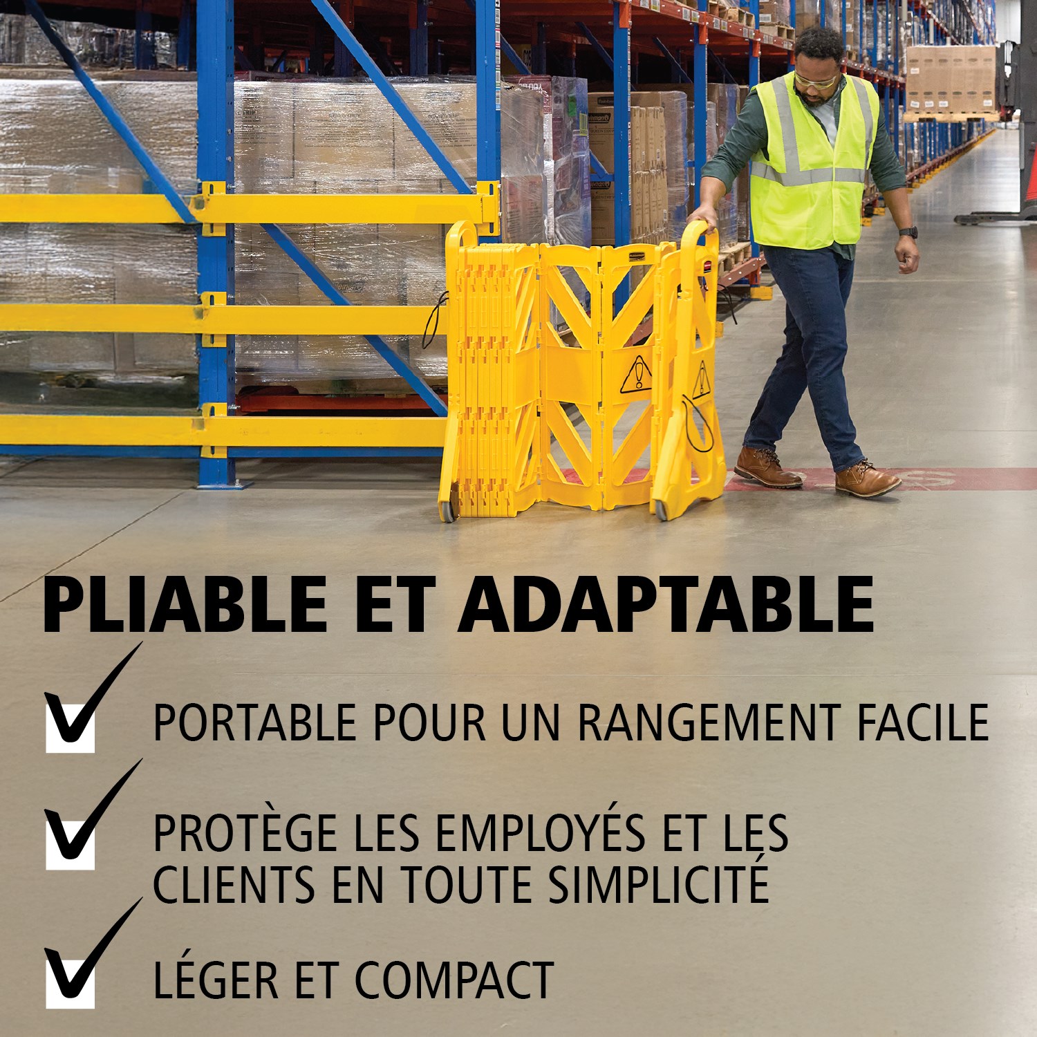 Visible de loin, facile à utiliser, facile à déplacer et facile à ranger, cette barrière mobile de 4 m est faite de panneaux articulés. Elle peut se positionner en ligne droite, en courbe ou en cercle. Ses couleurs sont conformes ANSI/OSHA.
