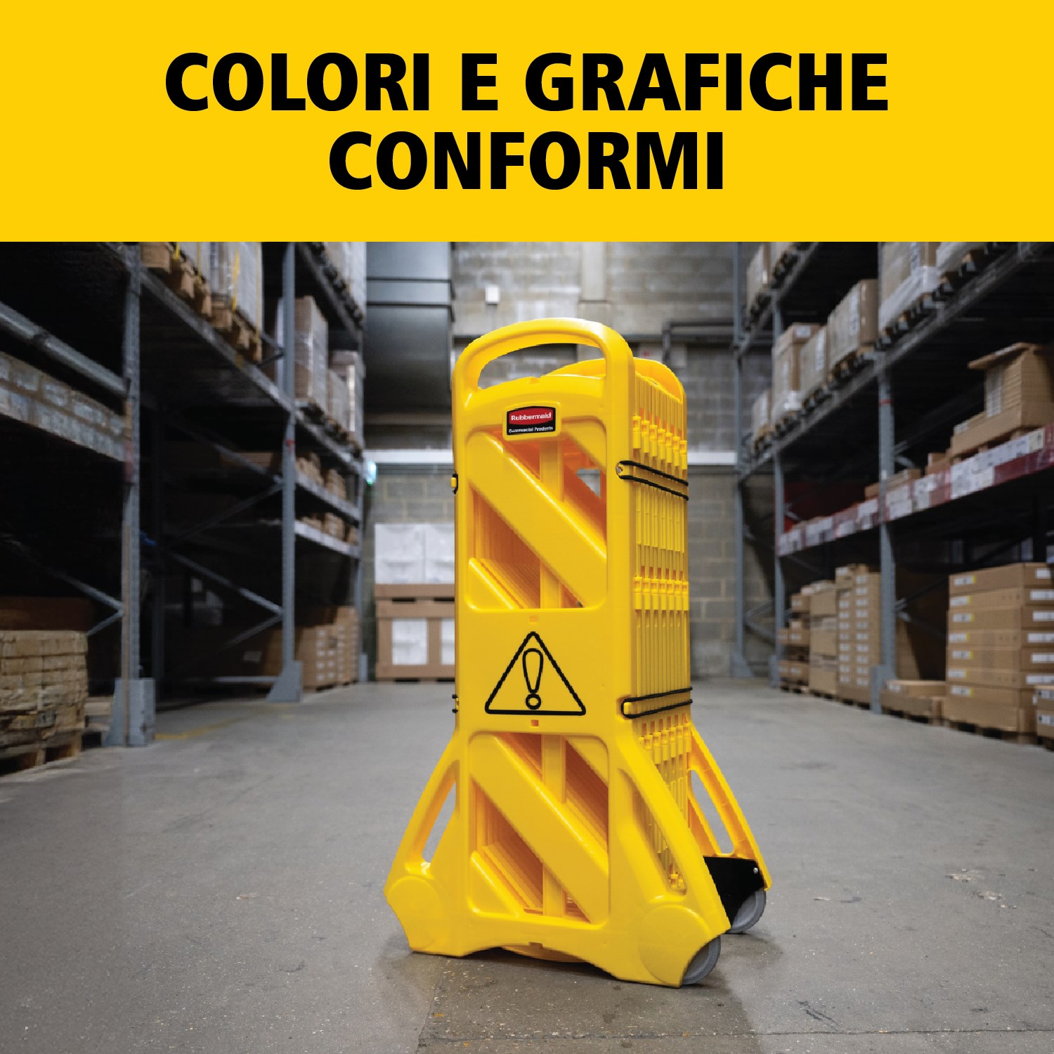 Barriera mobile facile da usare, da vedere, da spostare e da riporre composta da pannelli articolati per una lunghezza massima di 4 metri. I pannelli possono essere messi in fila oppure venire disposti a "U" oppure a cerchio. Colori conformi agli standard ANSI/OSHA.