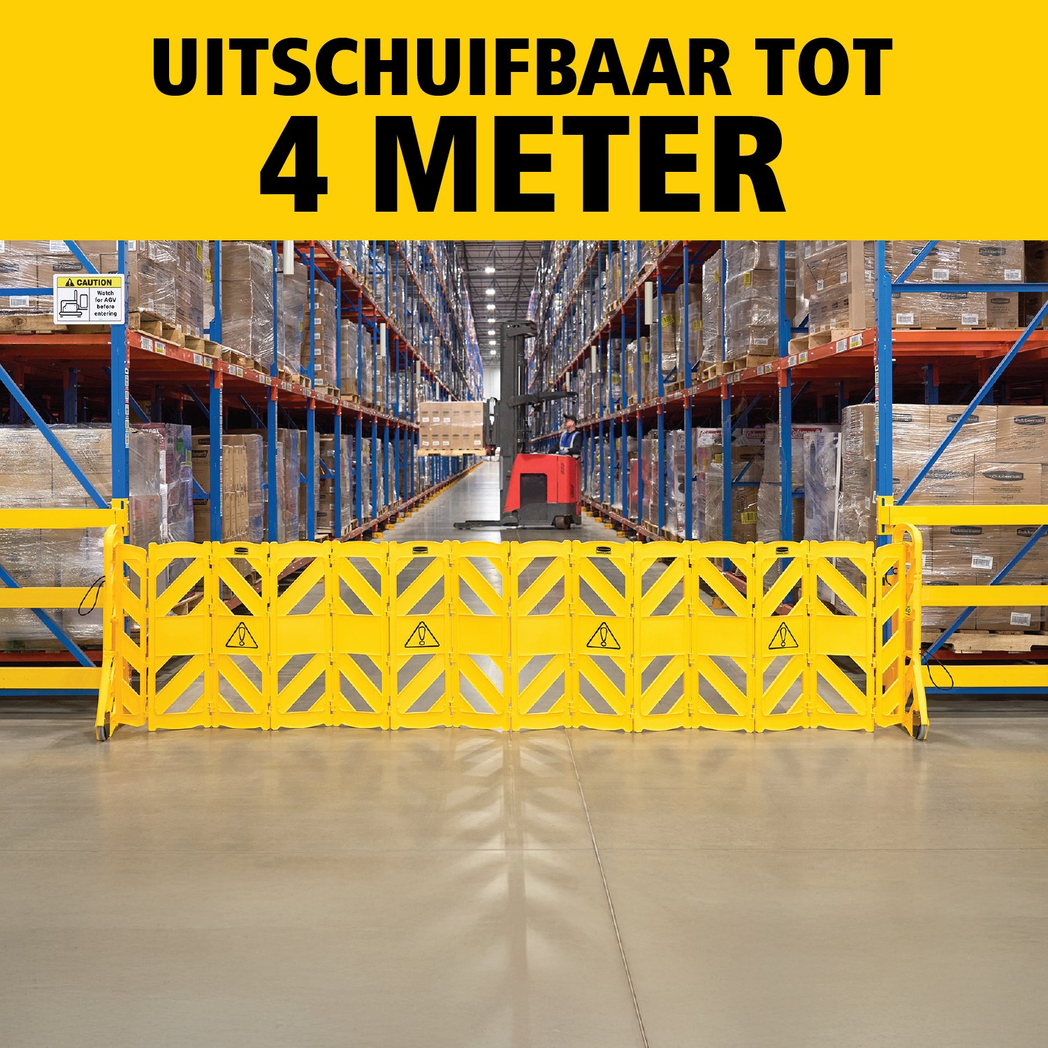 Draagbare barrière die gemakkelijk te gebruiken, te zien, te verplaatsen en op te bergen is, voorzien van scharnierende panelen om te verlengen tot 4 meter. De barrière kan recht, gebogen of in de vorm van een cirkel worden gebruiktµ. ANSI/OSHA-conforme kleuren.