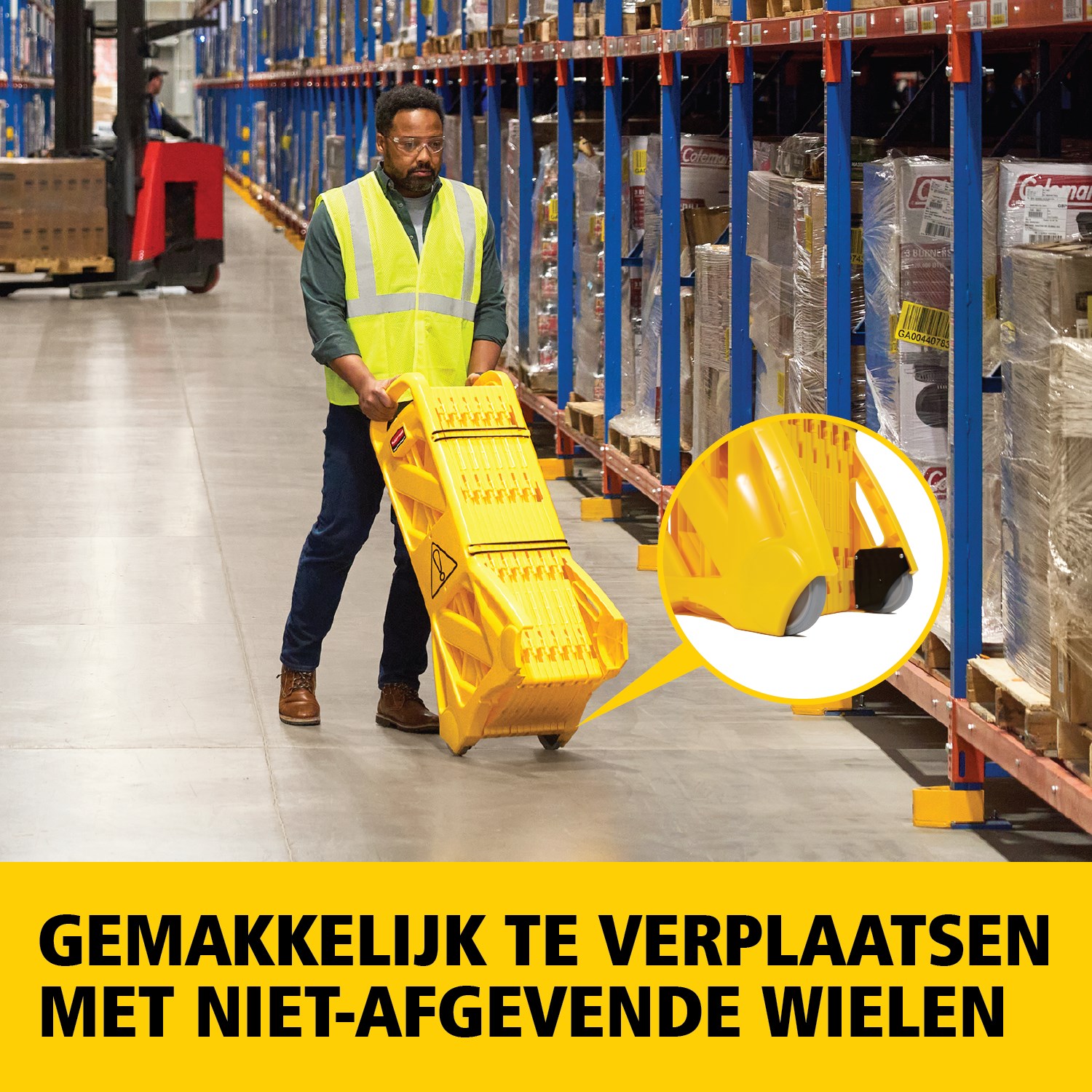 Draagbare barrière die gemakkelijk te gebruiken, te zien, te verplaatsen en op te bergen is, voorzien van scharnierende panelen om te verlengen tot 4 meter. De barrière kan recht, gebogen of in de vorm van een cirkel worden gebruiktµ. ANSI/OSHA-conforme kleuren.