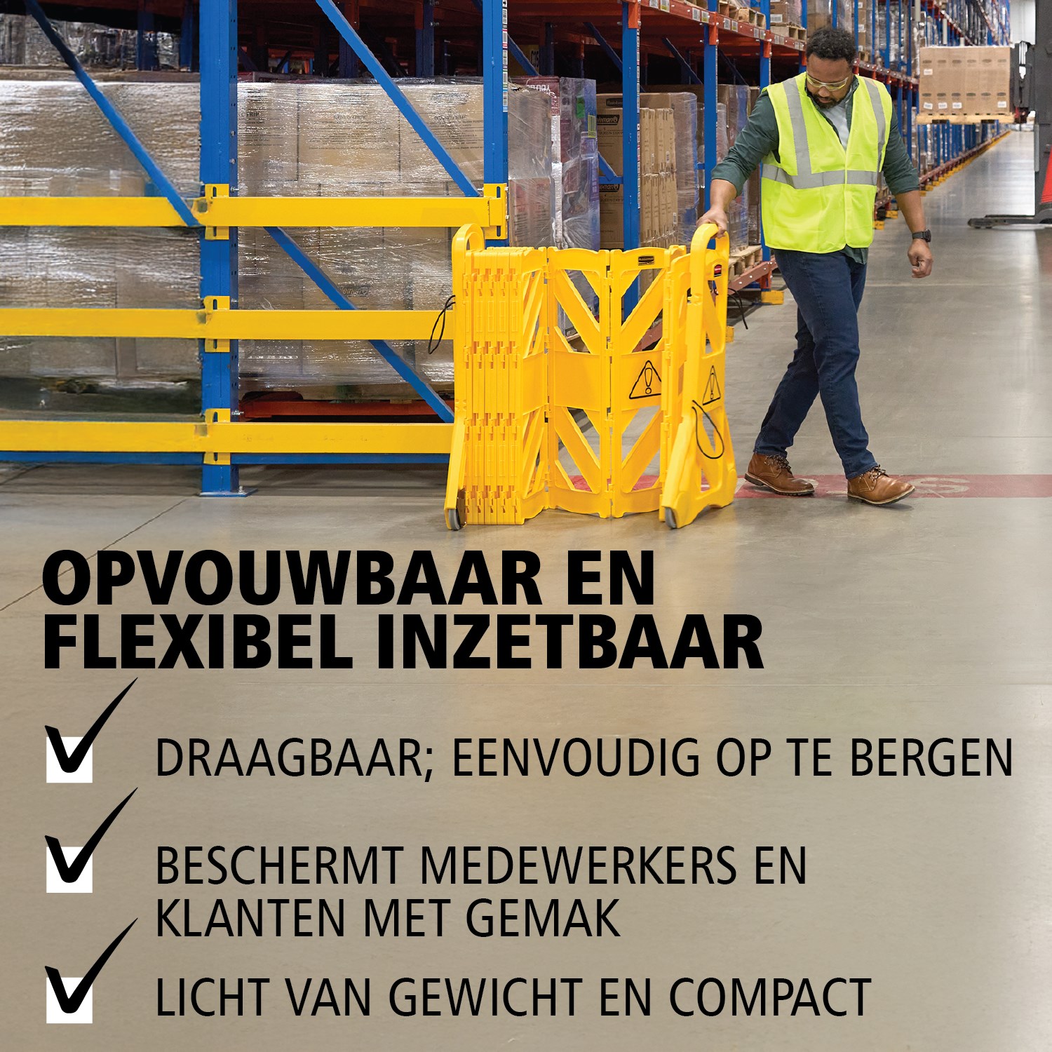 Draagbare barrière die gemakkelijk te gebruiken, te zien, te verplaatsen en op te bergen is, voorzien van scharnierende panelen om te verlengen tot 4 meter. De barrière kan recht, gebogen of in de vorm van een cirkel worden gebruiktµ. ANSI/OSHA-conforme kleuren.
