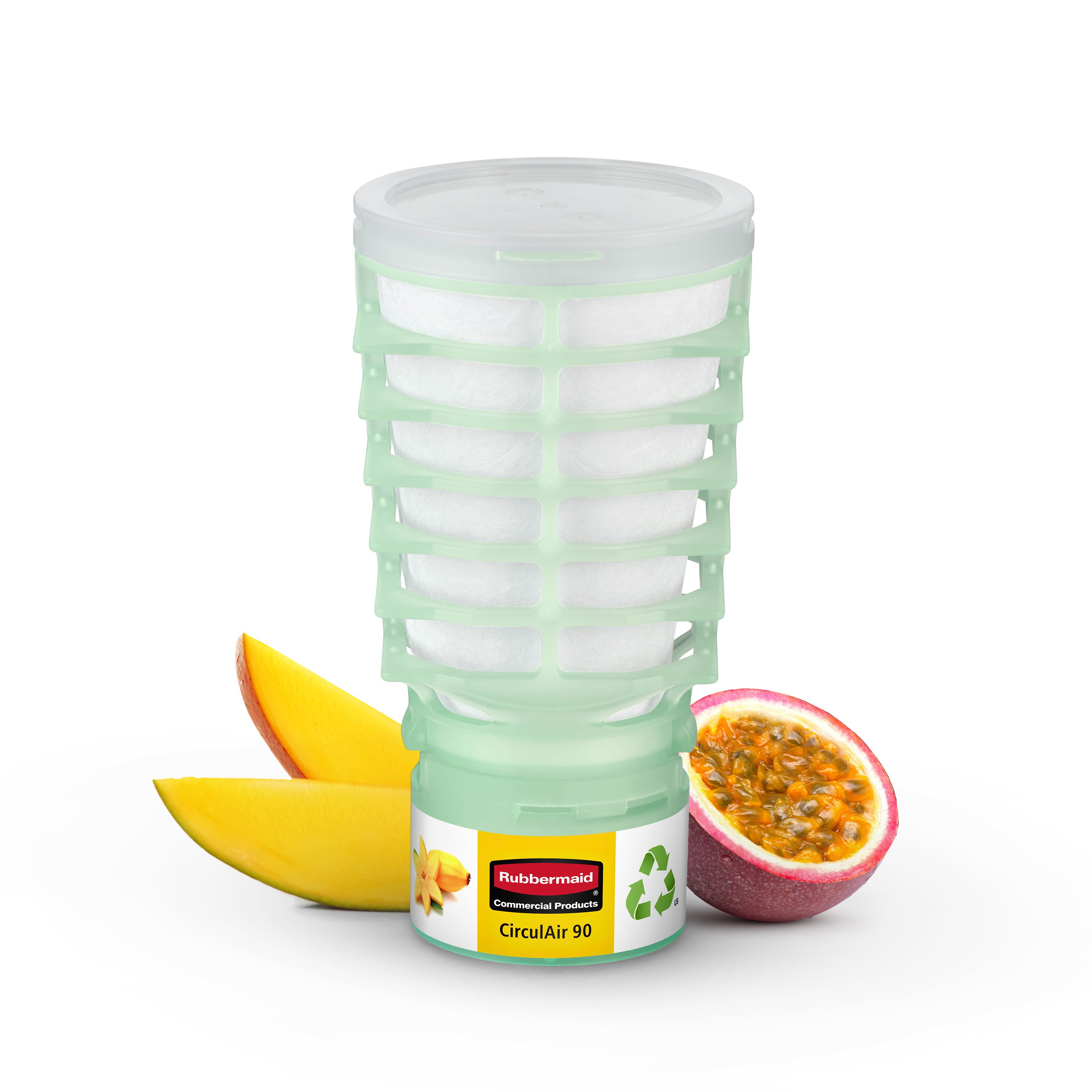 The Rubbermaid Commercial Products CirculAir 90™ Mango scent refill is engineered to deliver reliable air care performance that is 3rd-party verified and recycle stream ready. Made from a single material, the refill is recycle-stream-ready and requires no dismantling.