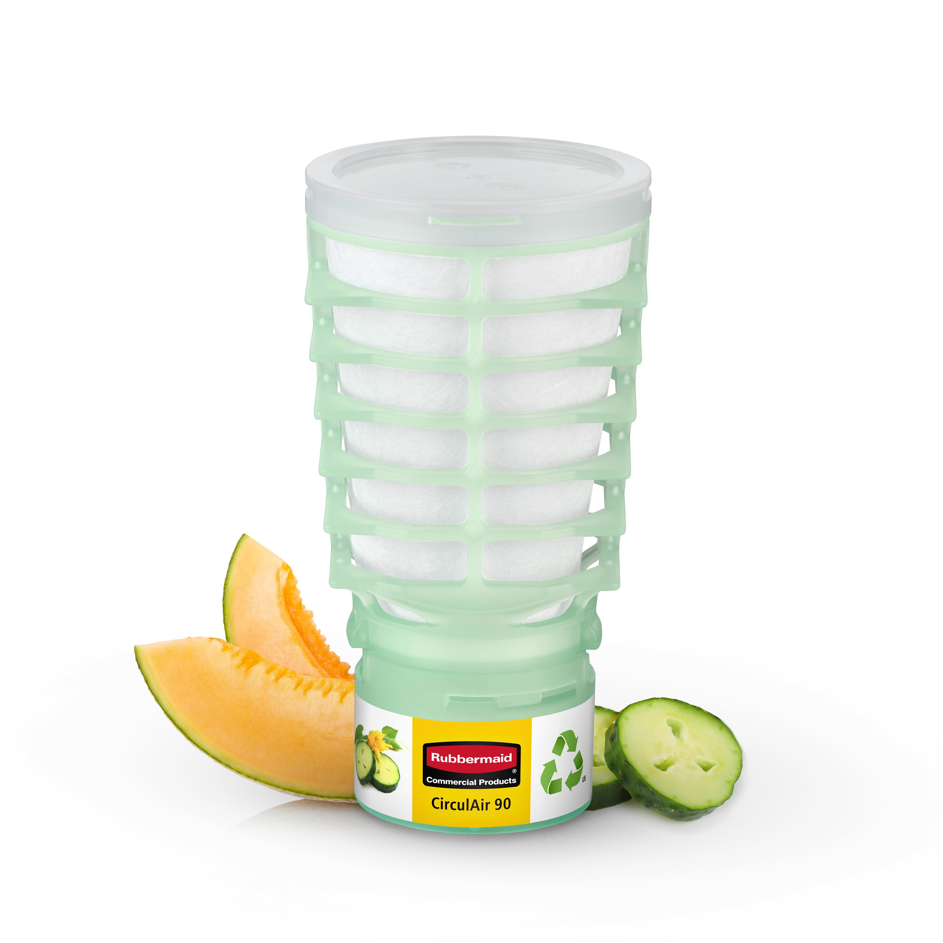 The Rubbermaid Commercial Products® CirculAir 90™ Cucumber Melon scent refill is engineered to deliver reliable air care performance that is 3rd-party verified and recycle stream ready. Made from a single material, the refill is recycle-stream-ready and requires no dismantling.