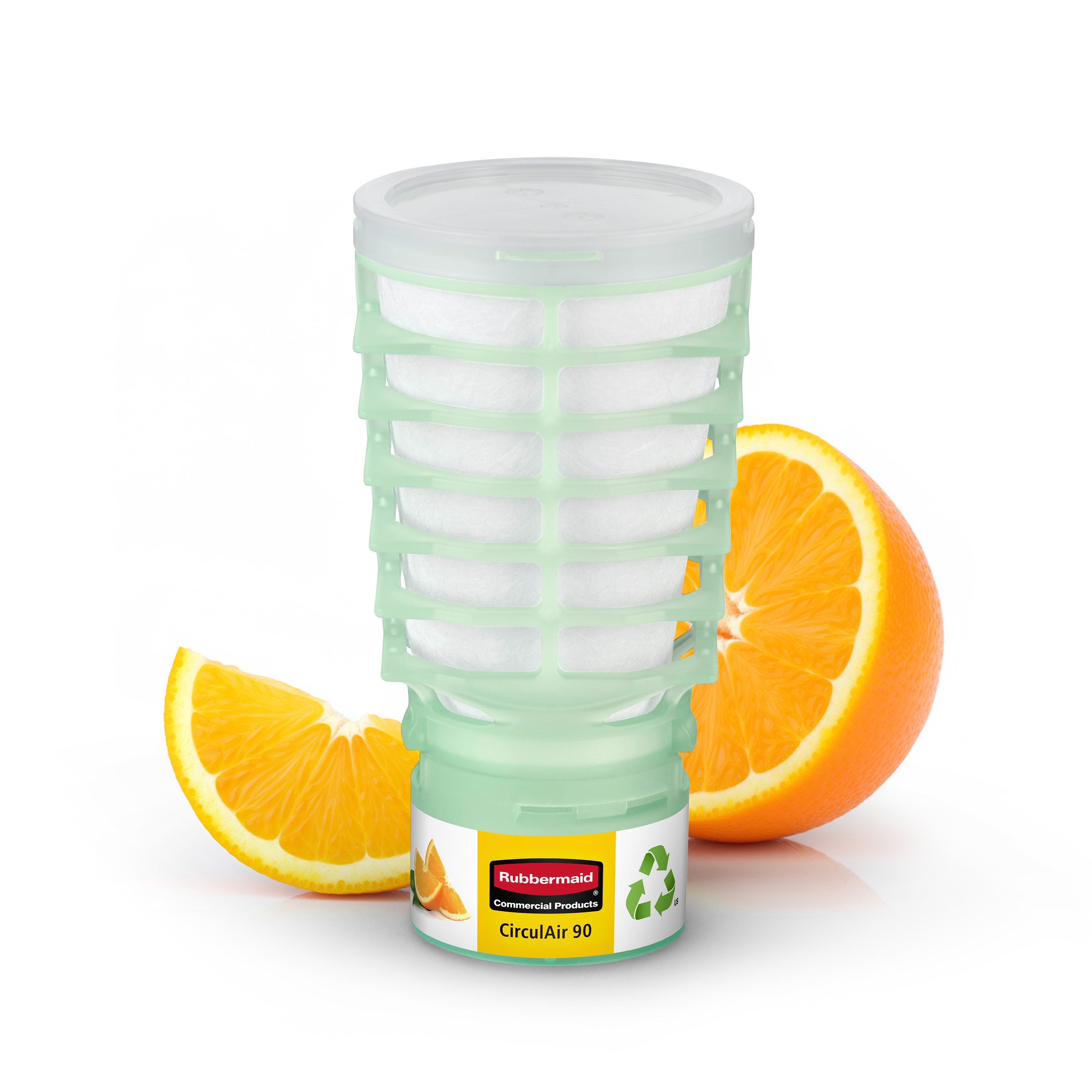 The Rubbermaid Commercial Products® CirculAir 90™ Citrus scent refill is engineered to deliver reliable air care performance with verified recyclability. Made from a single material, the refill is recycle-stream-ready and requires no dismantling.