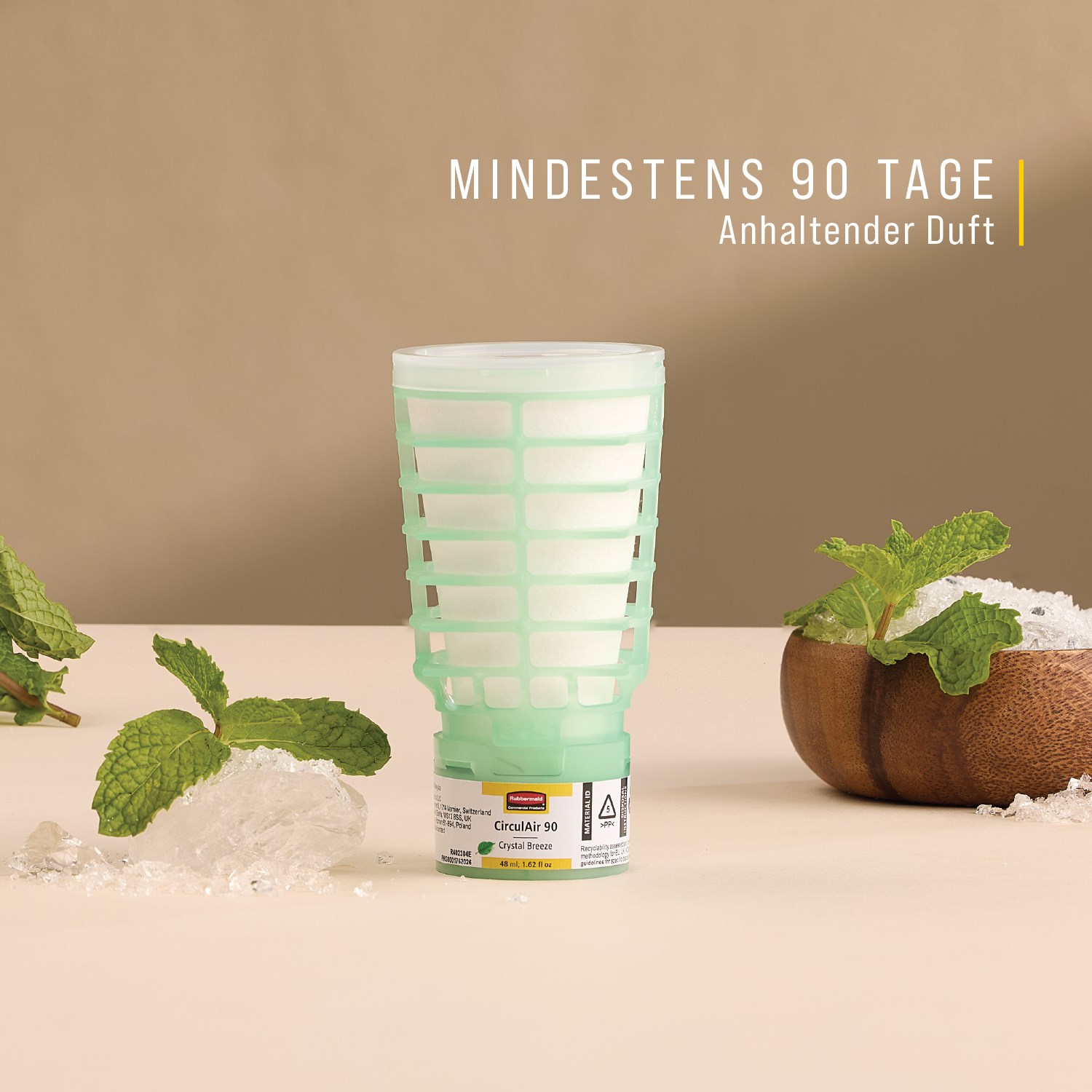 Die CirculAir 90™ Crystal Breeze‑Nachfüllung von Rubbermaid Commercial Products® wurde entwickelt, um eine zuverlässige Luftpflegeleistung mit bestätigter Recyclingfähigkeit zu gewährleisten. Die Nachfüllung besteht aus einem einzigen Material, ist vollständig recycelbar und erfordert kein Zerlegen (EU, UK, NO, CH).