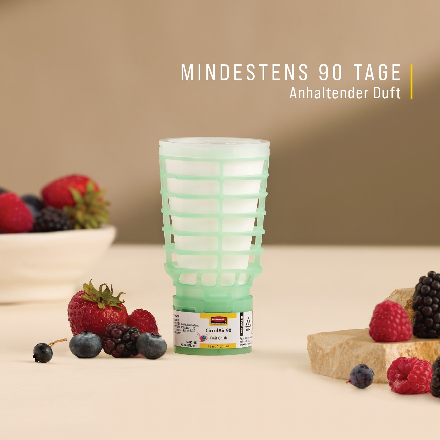 Die Duftnachfüllung CirculAir 90™ „Fruit Crush“ von Rubbermaid Commercial Products® wurde entwickelt, um eine zuverlässige Leistung im Bereich der Luftpflege zu bieten – mit bestätigter Recyclingfähigkeit.
Hergestellt aus einem einzigen Material ist die Nachfüllung recycelbar und erfordert kein Zerlegen (EU, UK, NO, CH).