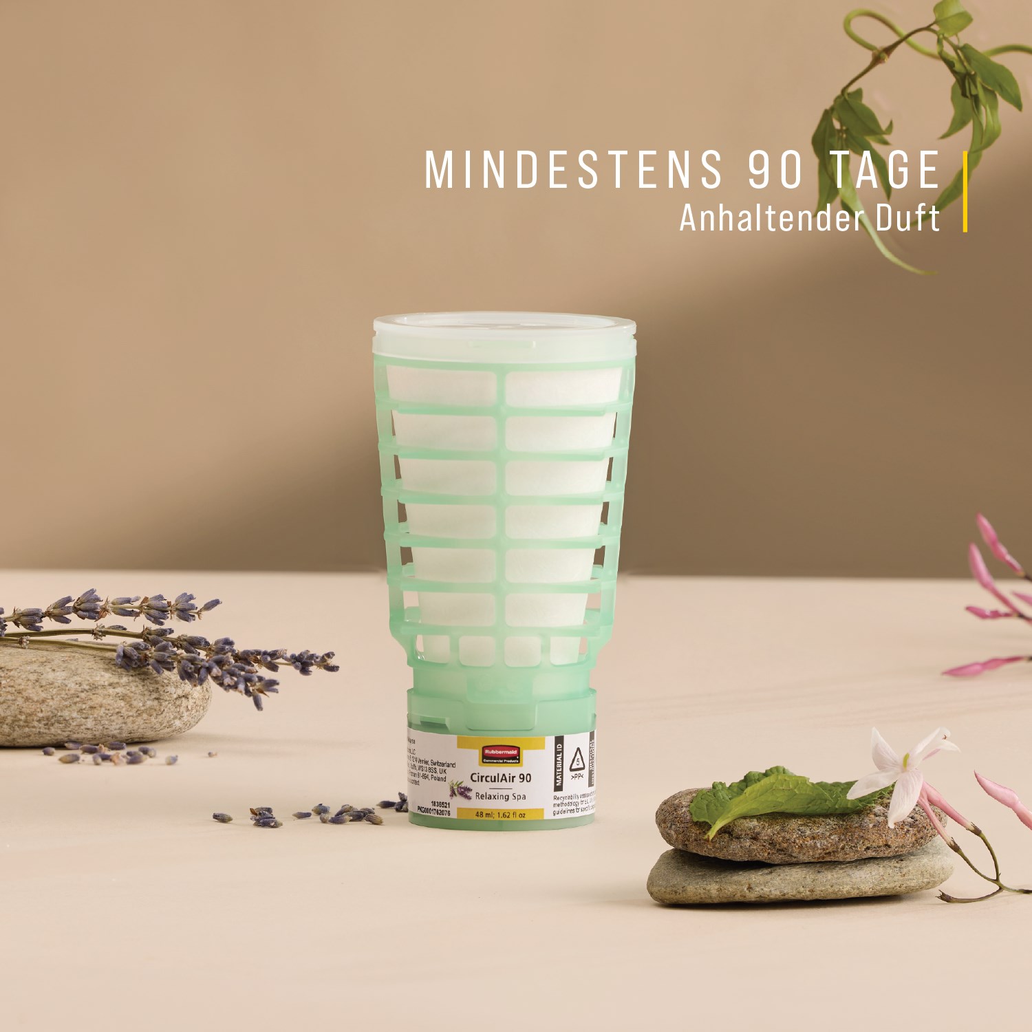 Die CirculAir 90™ Relaxing Spa‑Nachfüllung von Rubbermaid Commercial Products® wurde entwickelt, um eine zuverlässige Luftpflegeleistung mit bestätigter Recyclingfähigkeit zu gewährleisten. Die Nachfüllung besteht aus einem einzigen Material, ist vollständig recycelbar und erfordert kein Zerlegen (EU, UK, NO, CH).