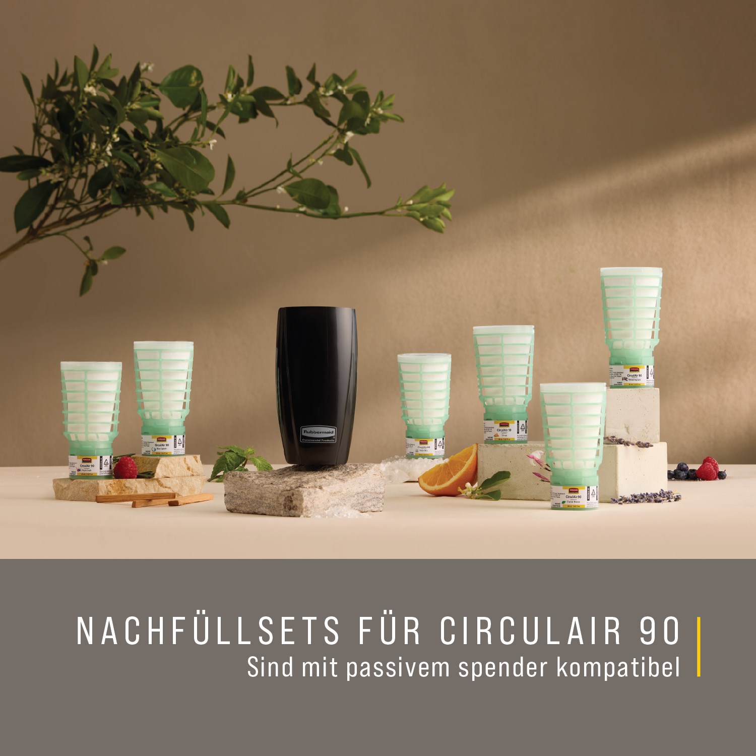 Batterieloser passiver Lufterfrischer-Spender, kompatibel mit CirculAir 90™ Duftnachfüllungen, für einen unterbrechungsfreien Betrieb und über 90 Tage wartungsfreie Duftabgabe.