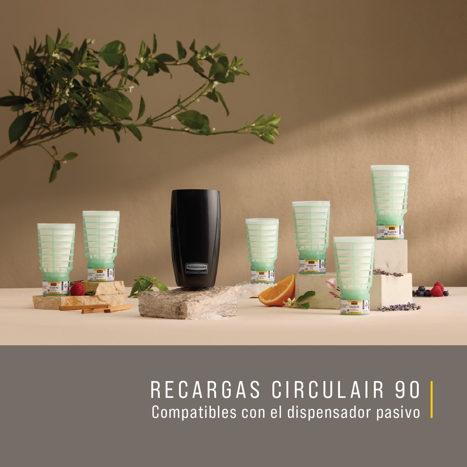 Dispensador pasivo de ambientador sin pilas, compatible con recargas CirculAir 90™, que ofrece un funcionamiento ininterrumpido y más de 90 días de fragancia sin mantenimiento.