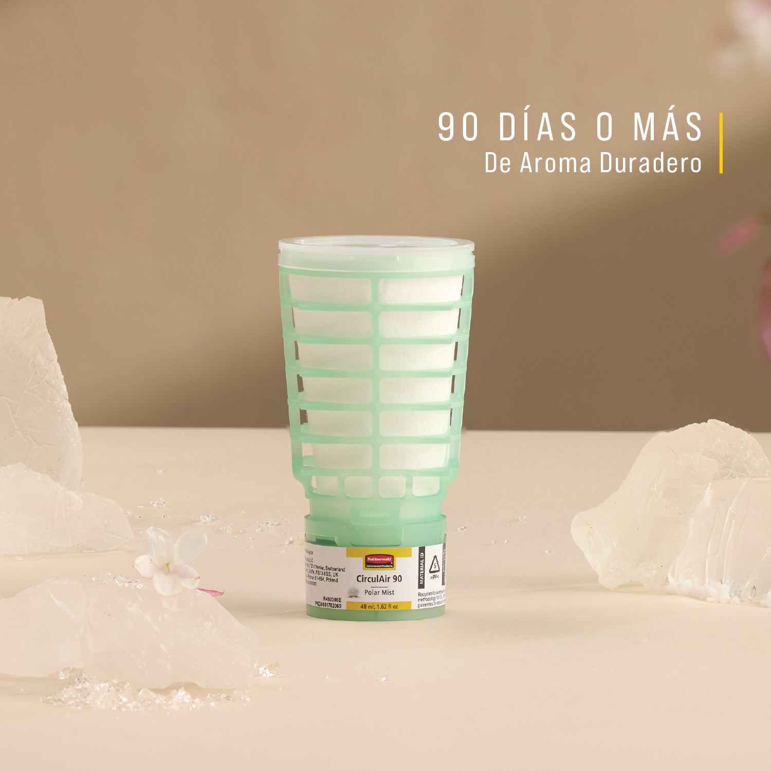 La recarga aromática CirculAir 90™ Polar Mist de Rubbermaid Commercial Products® está diseñada para proporcionar un rendimiento fiable en el cuidado del aire, con reciclabilidad verificada. Fabricada con un único material, la recarga es reciclable y no requiere desmontaje (UE, Reino Unido, NO, CH).