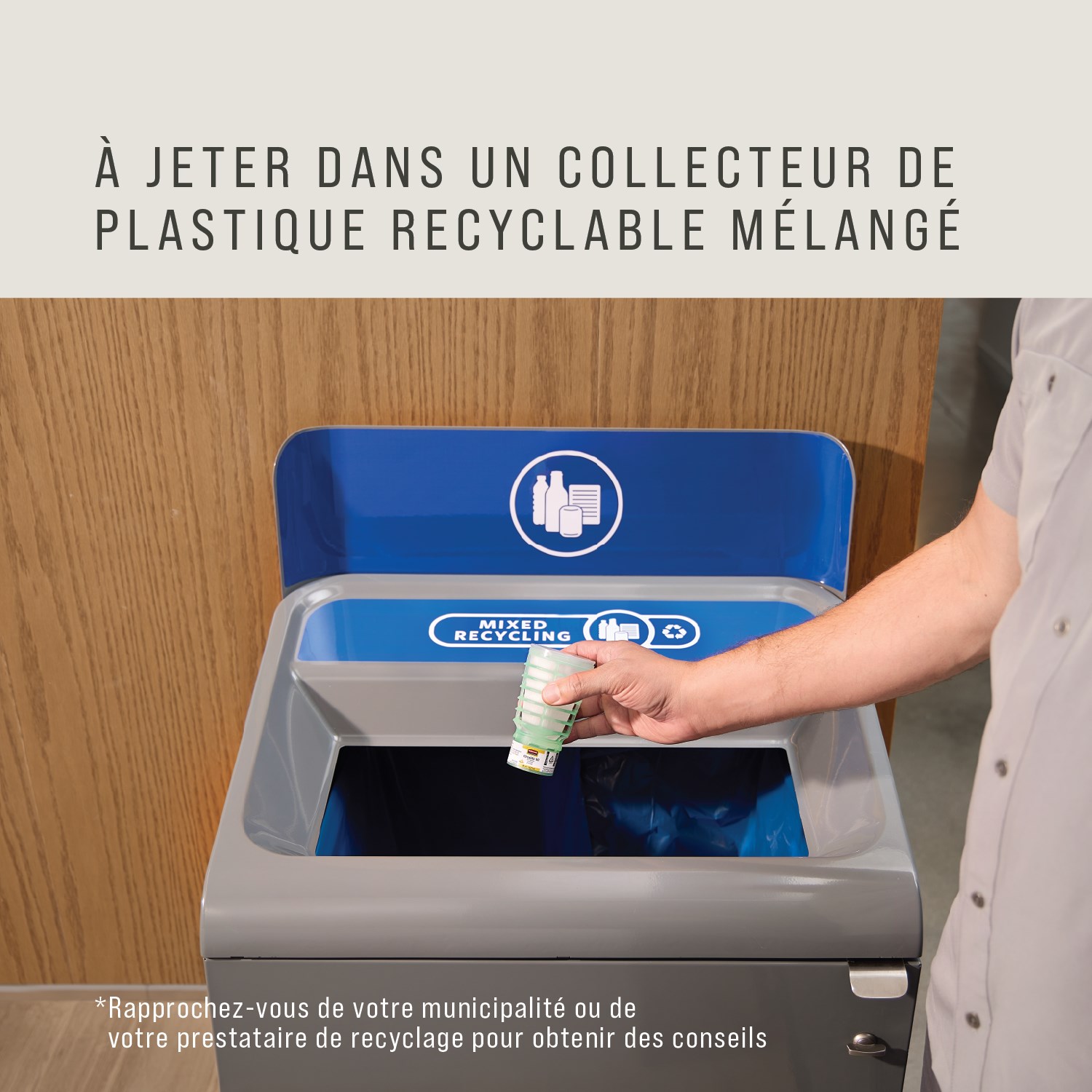 La recharge parfumée CirculAir 90™ Relaxing Spa de Rubbermaid Commercial Products® est conçue pour offrir des performances fiables en matière de traitement de l’air, avec une recyclabilité vérifiée. Fabriquée à partir d’un seul matériau, la recharge est recyclable et ne nécessite aucun démontage (UE, UK, NO, CH).