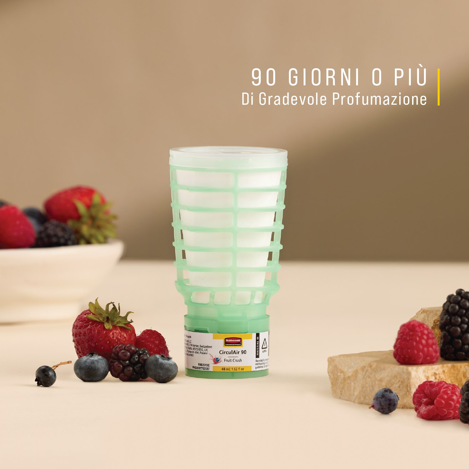 La ricarica profumata CirculAir 90™ Fruit Crush di Rubbermaid Commercial Products® è stata sviluppata per offrire una cura dell’aria affidabile con una riciclabilità comprovata.
Realizzata in un unico materiale, è completamente riciclabile e non richiede smontaggio (UE, UK, NO, CH).
